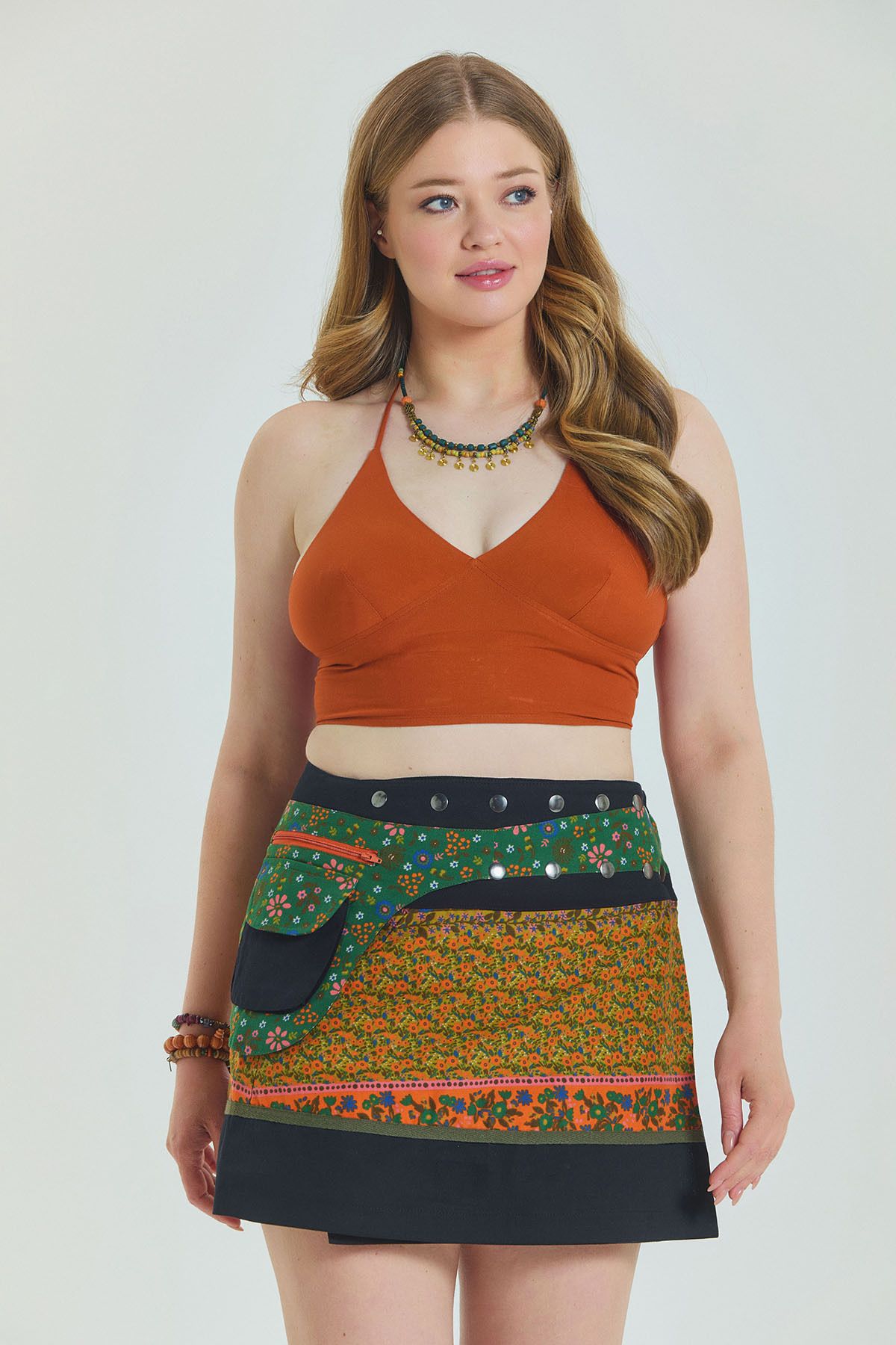 Los banditos-Patchwork Wrap Plus Size Skirt with Snap Closure Pockets 6
