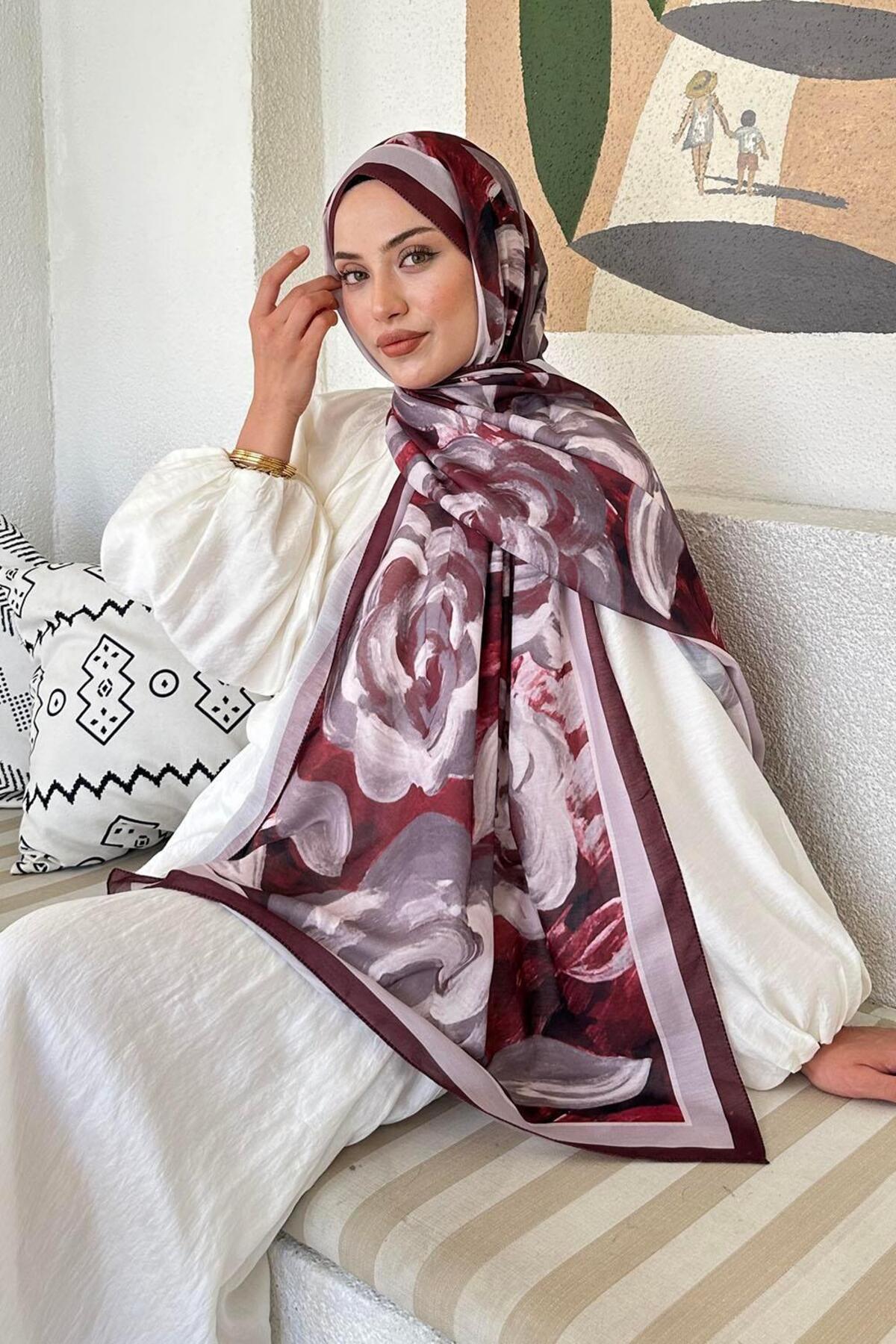 Lamelif  Çiçek Desen Pamuk Şal Koyu Bordo - Görsel 3