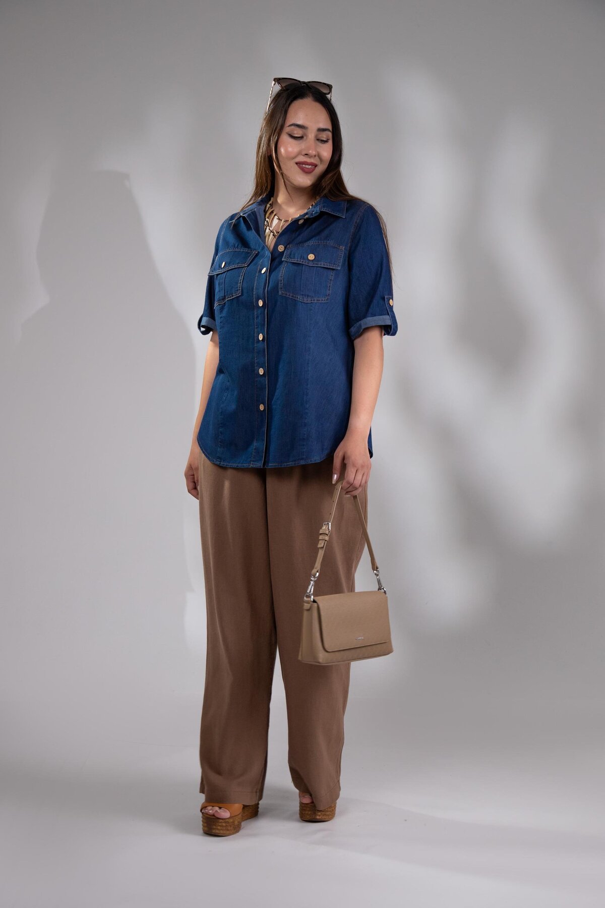 Roxxlen  1112057 Kadın Büyük Beden Kol Apoletli Gömlek Lacivert - Görsel 7