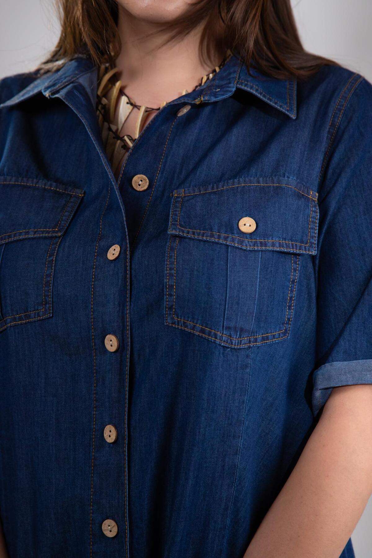 Roxxlen  1112057 Kadın Büyük Beden Kol Apoletli Gömlek Lacivert - Görsel 6