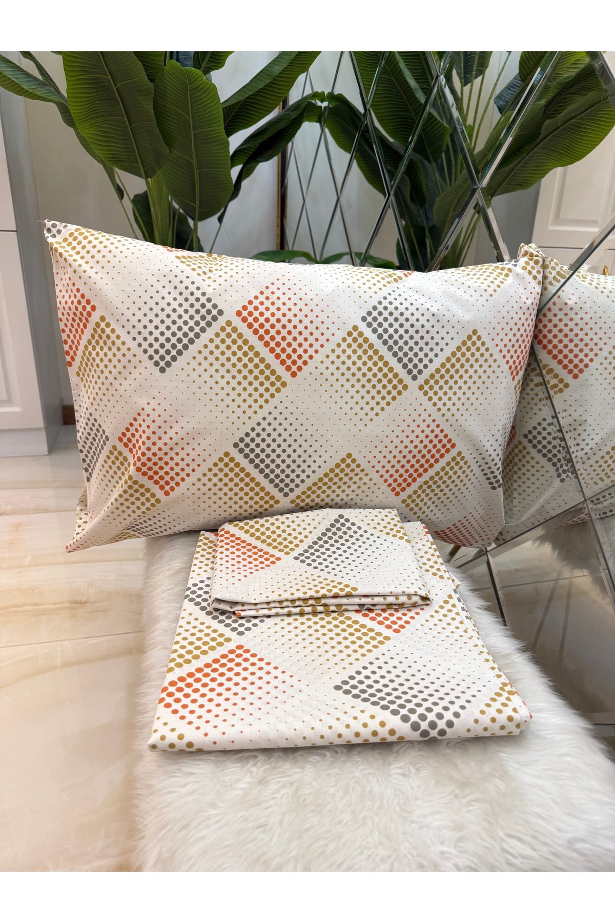 micoton-Patterned Double 100% Cotton Non-Elastic Sheet and Pillowcase Set 4