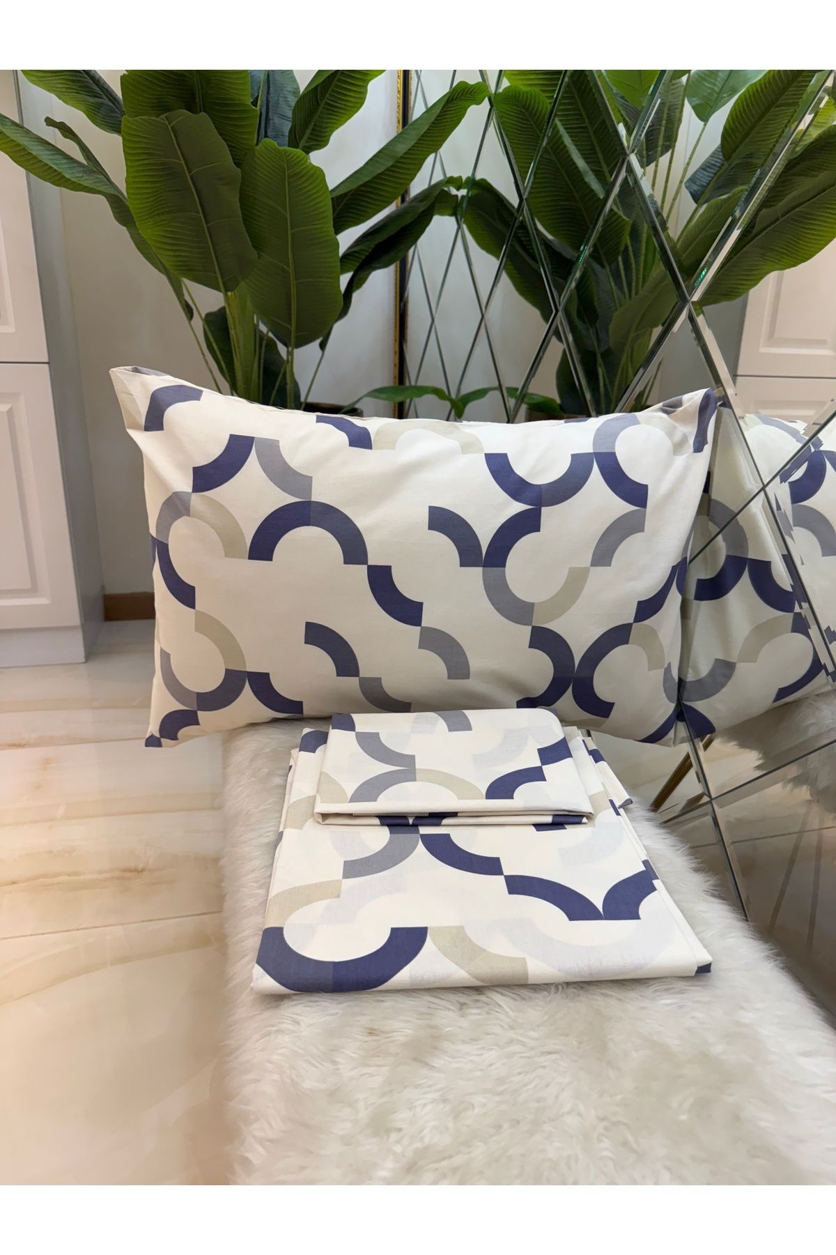 micoton-Patterned Single 100% Cotton Elasticless Sheet and Pillowcase Set 4