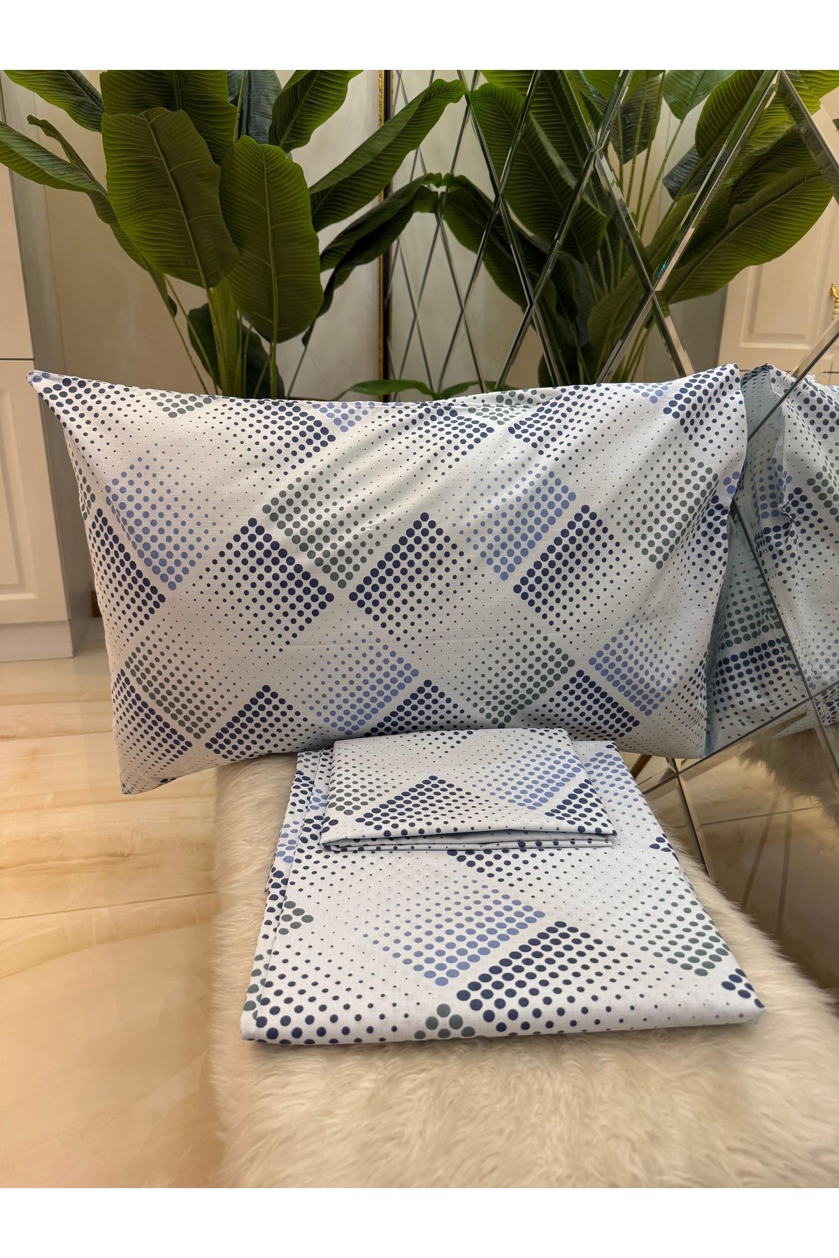 micoton-Patterned Single 100% Cotton Elasticless Sheet and Pillowcase Set 4