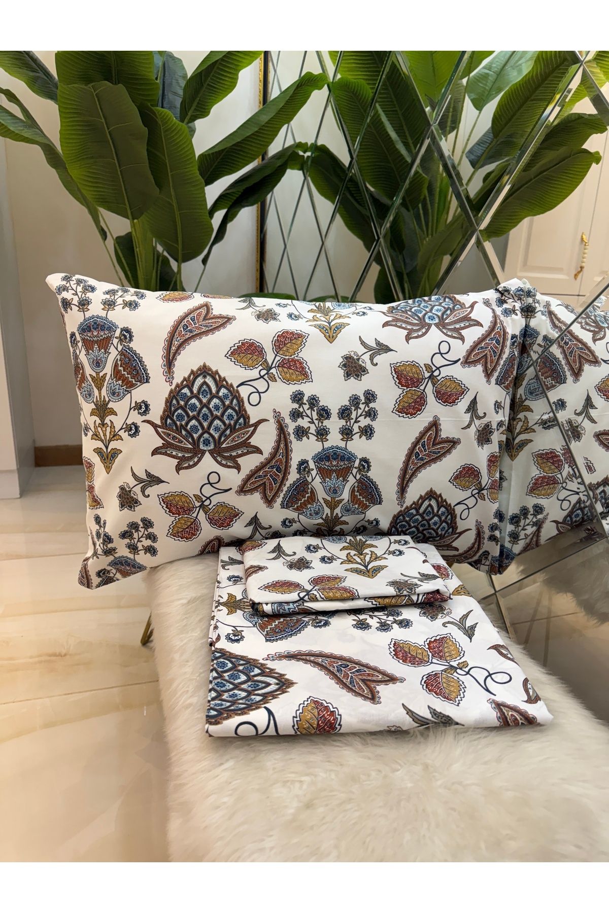 micoton-Patterned Single 100% Cotton Elasticless Sheet and Pillowcase Set 4