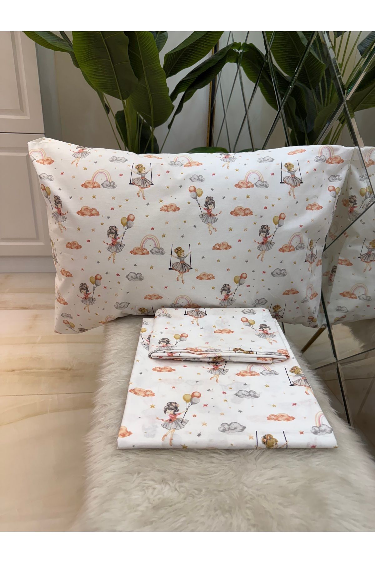 micoton-Patterned Single 100% Cotton Elasticless Sheet and Pillowcase Set 5