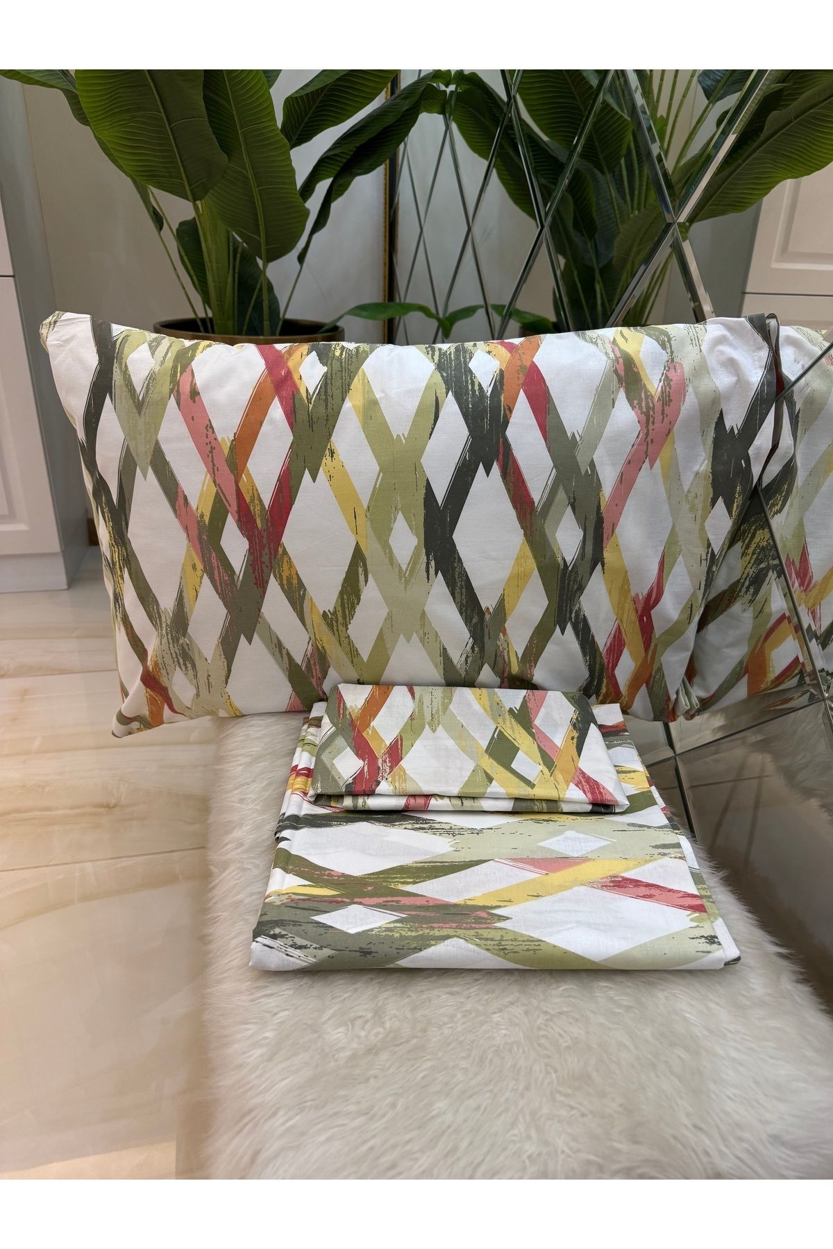 micoton-Patterned Single 100% Cotton Elasticless Sheet and Pillowcase Set 4