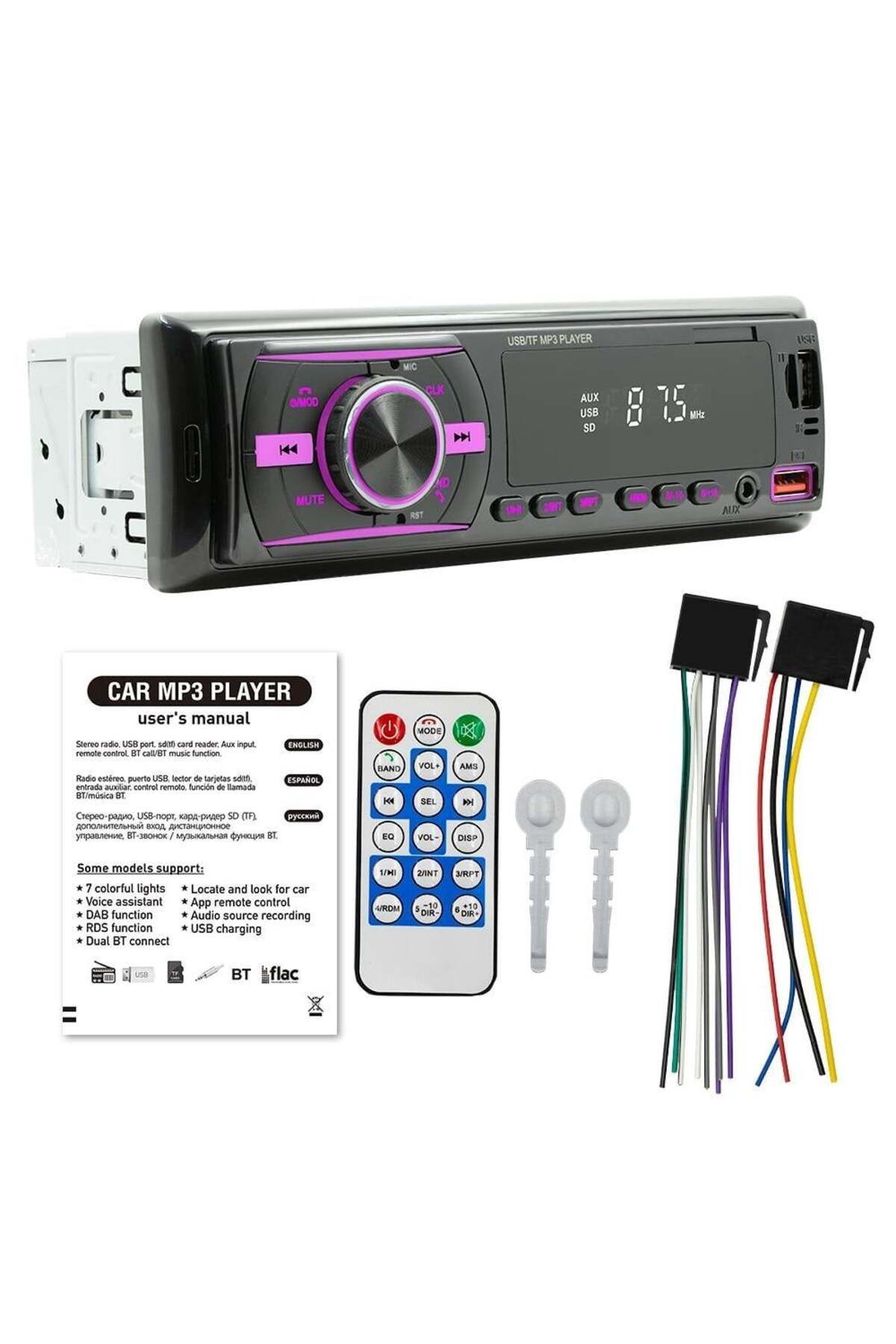 divendi-ro-Car Radio MP3 Player, with Bluetooth, 7 Color Display, 1Din, Remote Control, Black 13