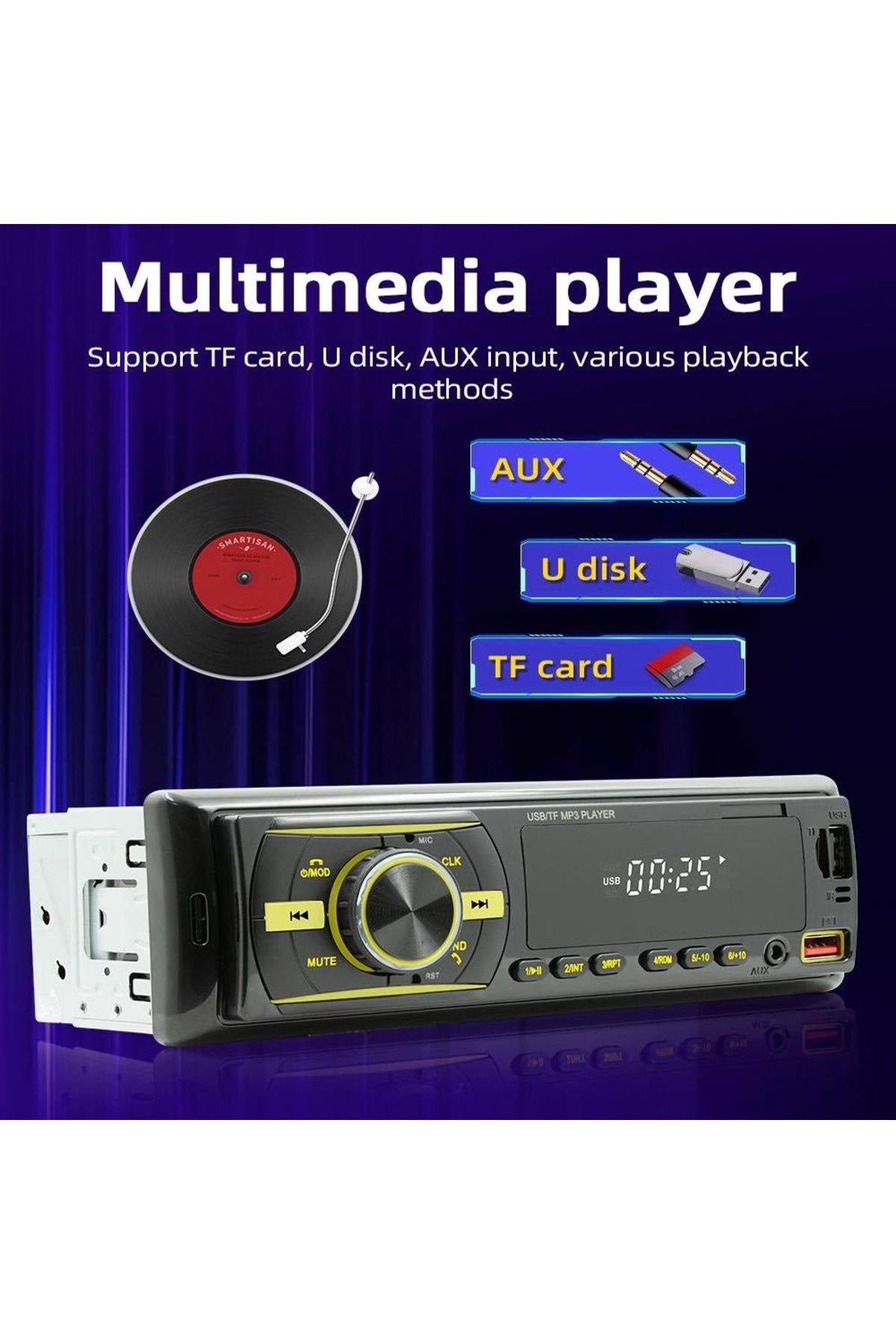 divendi-ro-Car Radio MP3 Player, with Bluetooth, 7 Color Display, 1Din, Remote Control, Black 8
