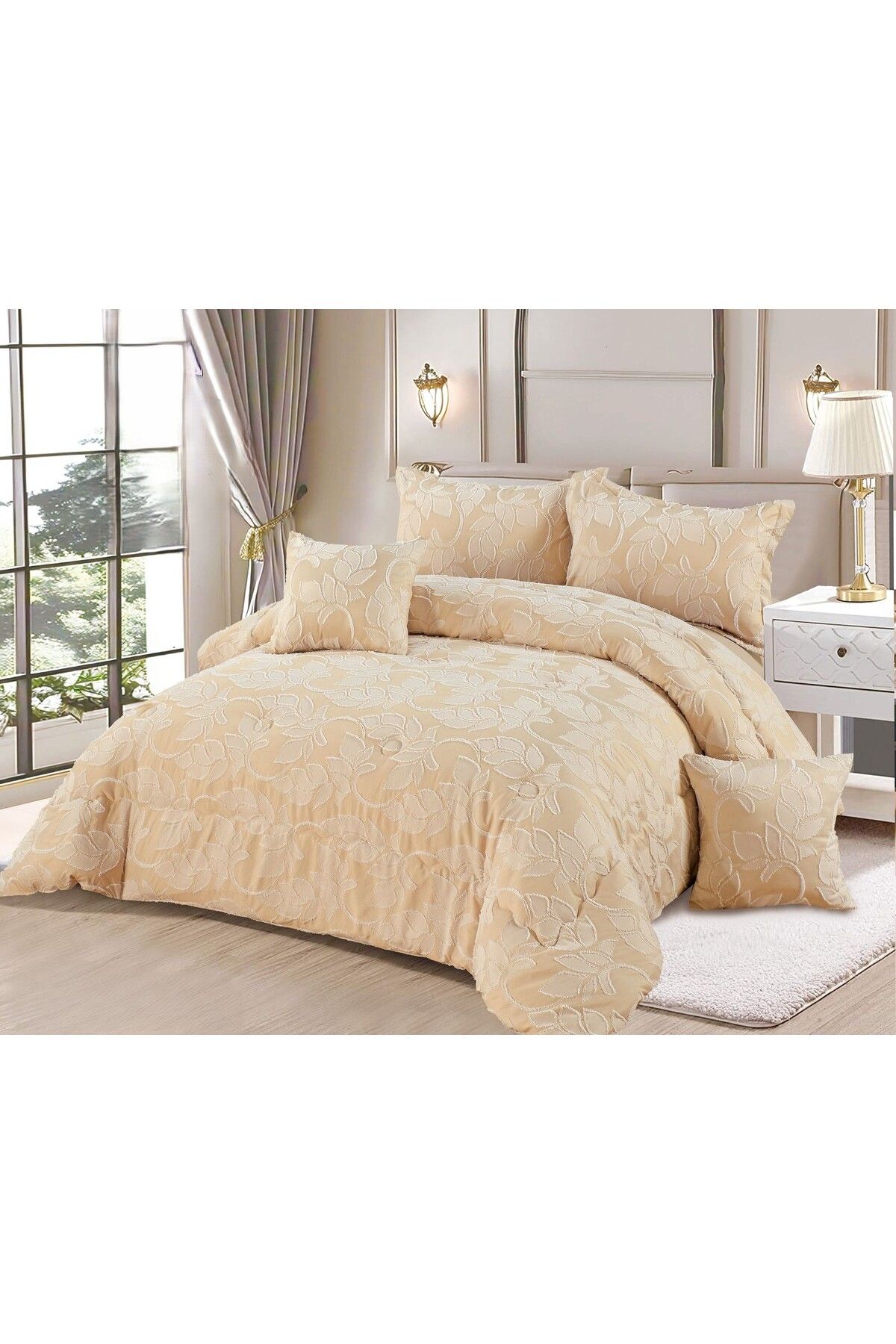 Moon-Luxury 6-piece royal double bed sheet with a pattern to add beauty and elegance to your room. Quilt size 250x230 cm. 1