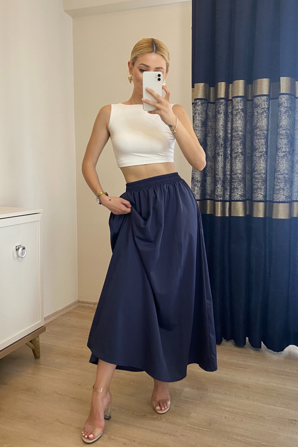 moddosa fashion  CEPLİ BELİ LASTİKLİ UZUN POPLİN ETEK - Görsel 5