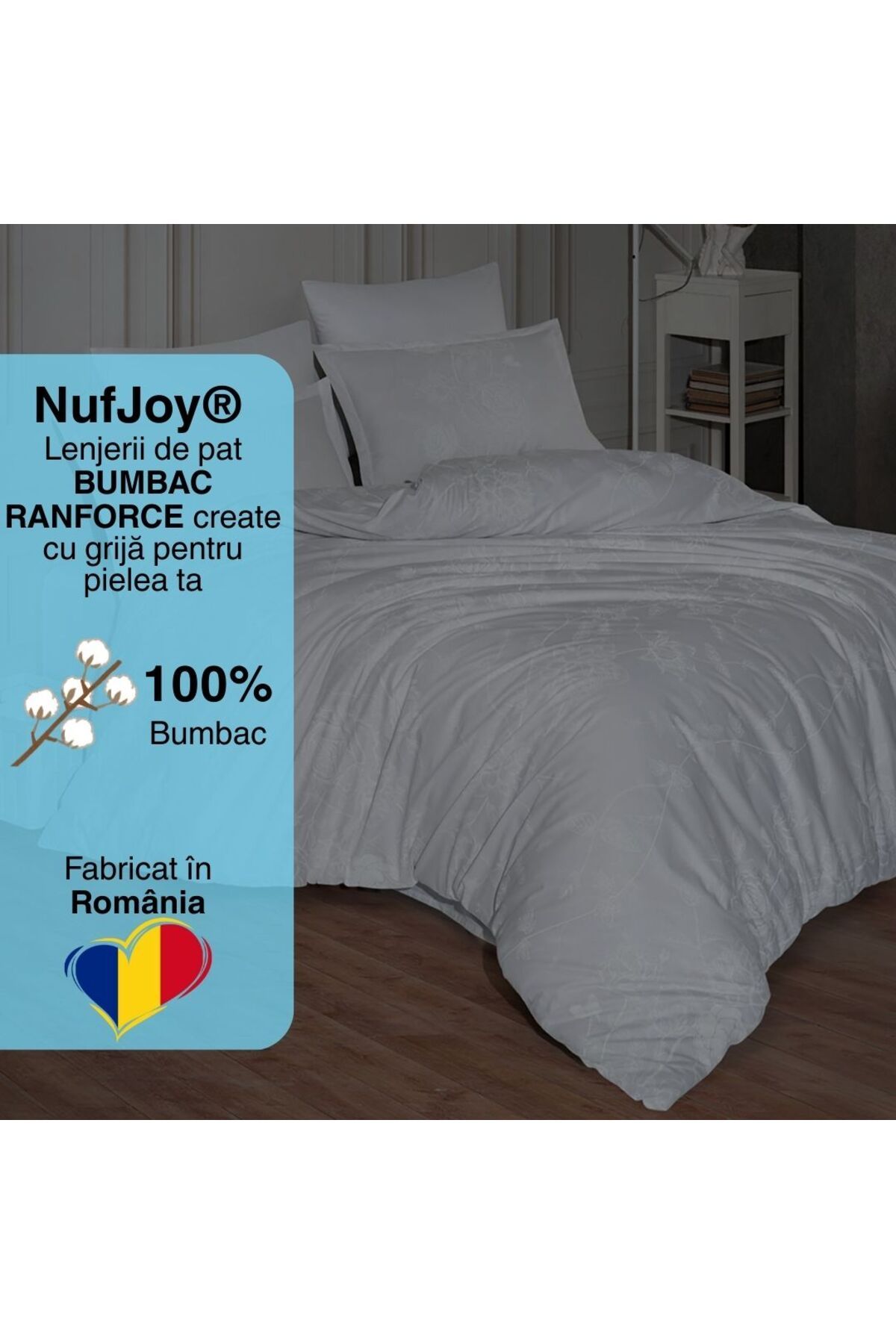 NufJoy-Lenjerie pat 100% BUMBAC RANFORCE, 4 Piese, King Size, cearsaf pat 240x260 cm, Calitate Premium 3