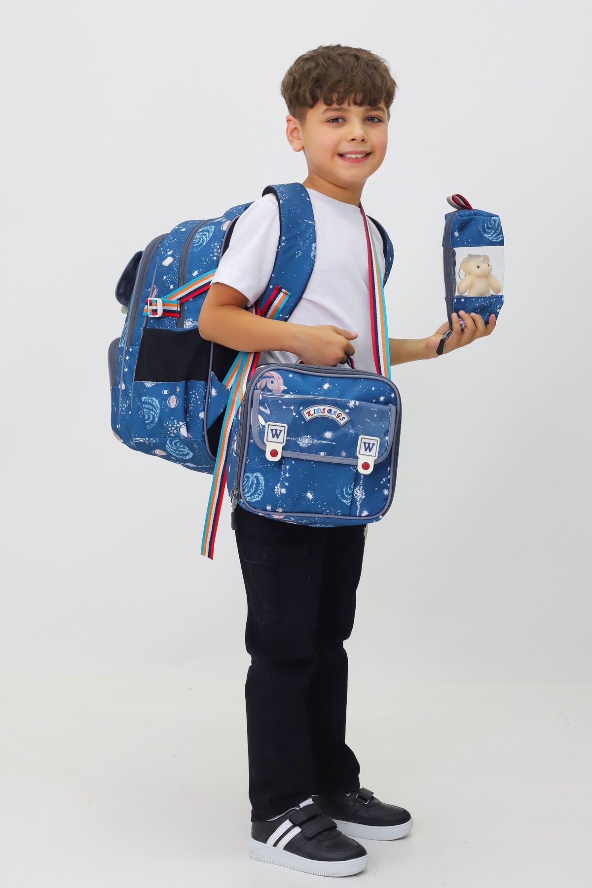3-Piece Kids School Set NASA Themed Backpack Lunch Bag Elementary School Set with Plush Gift Pen Holder