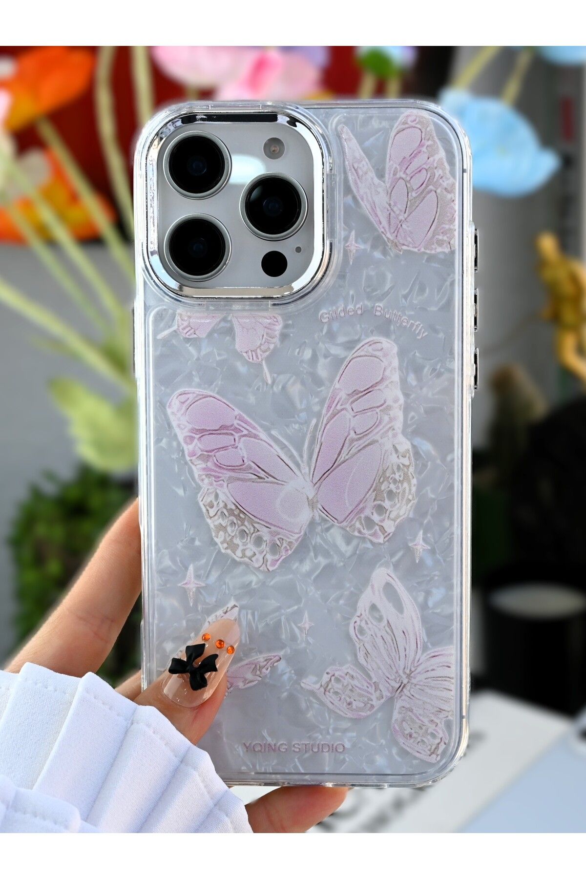 Go Aksesuar-iPhone 16 Promax Compatible 2in1 Silicone Case with Butterfly Print Design 5