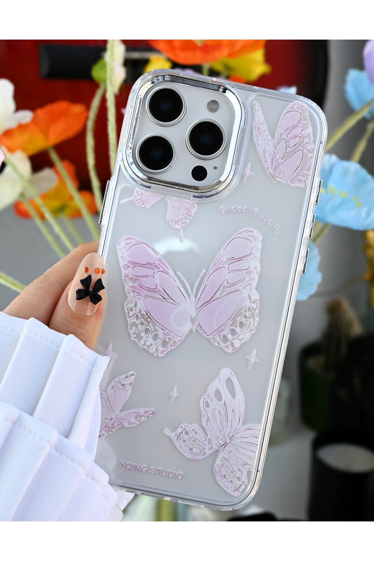 Go Aksesuar-iPhone 16 Promax Compatible 2in1 Silicone Case with Butterfly Print Design 3