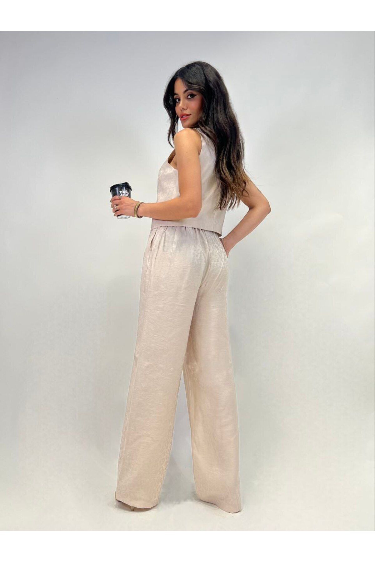 Stil Sepeti-Women's Beige Linen Lace Front Vest Elastic Waist Wide Leg Trousers Set Drl-1000203012 4