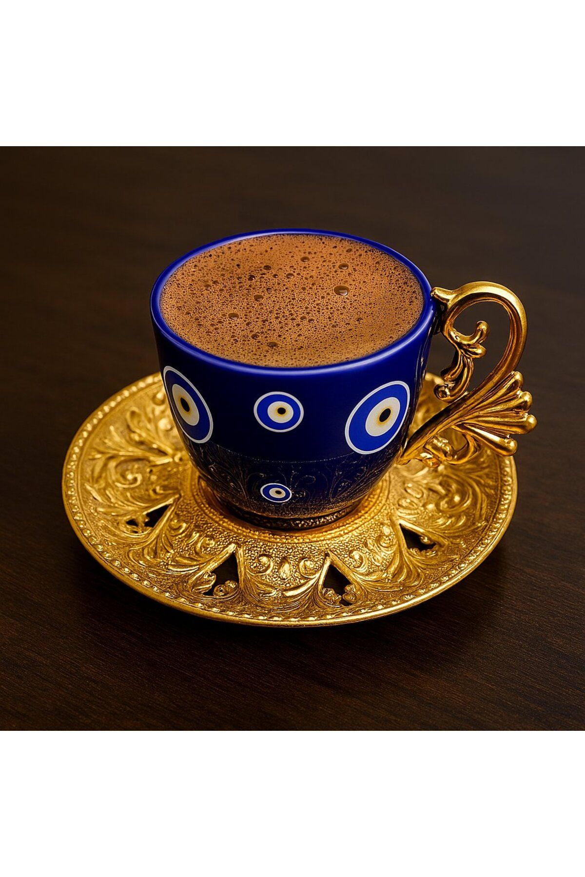 FAIR HOME-Evil Eye Bead Patterned Blue Color Gold Coffee Set with Handle and Plate 2