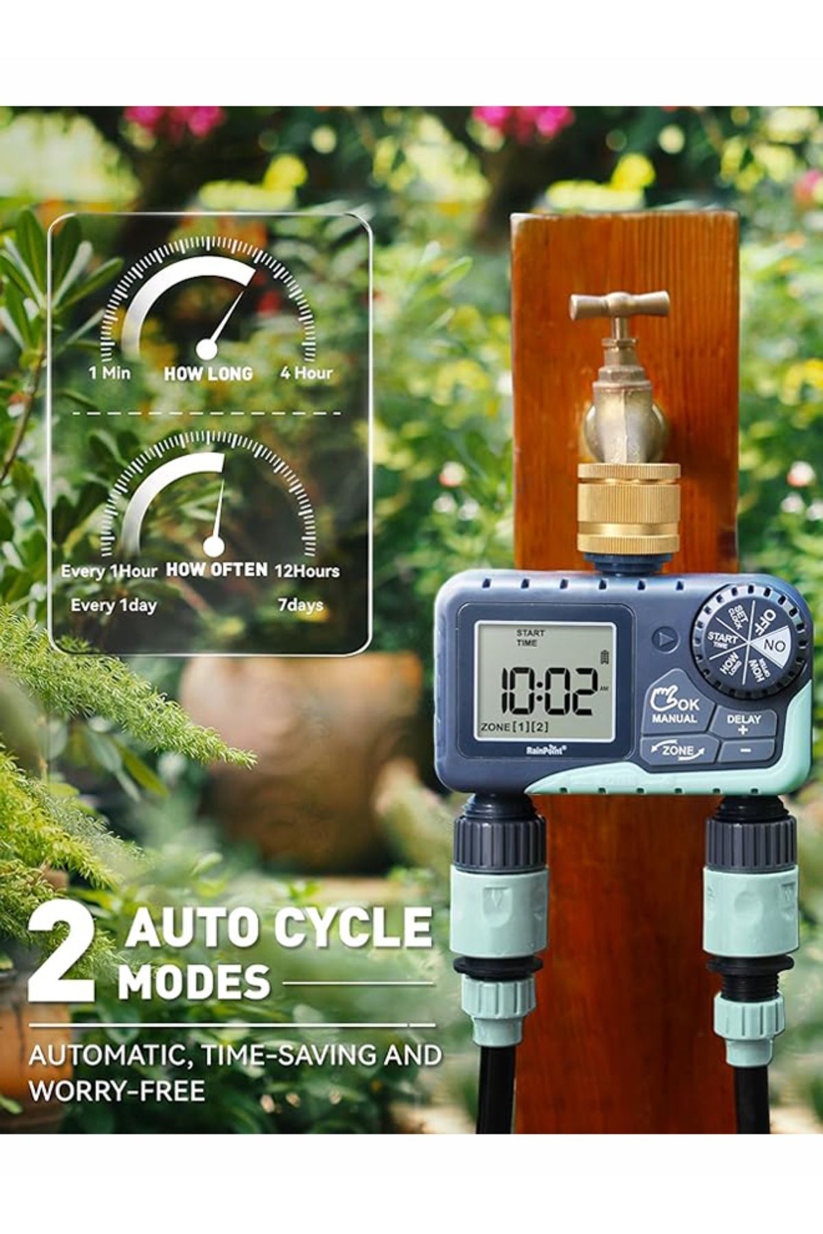 RAINPOINT-Watering Timer 2 Outlets, Automatic/Manual 2 Way Programmer, Quick Watering, 2