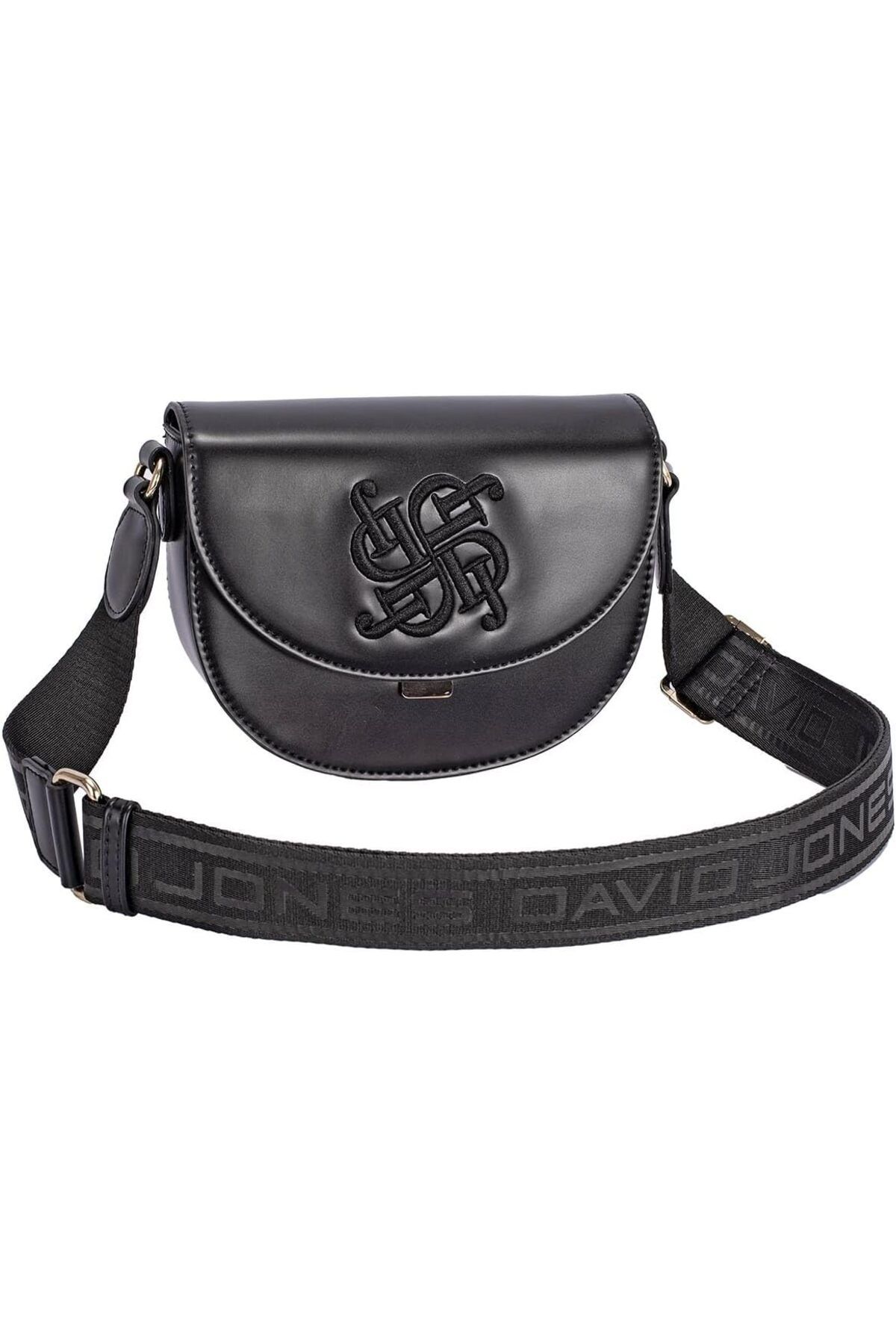 David Jones-Rounded Crossbody Bag, Leatherette, Golden Hardware, Flap-Over Design 1
