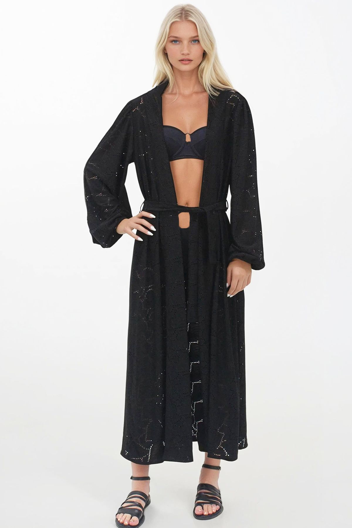 Kadın Siyah Kendinden Kemerli Dokulu Ajurlu Kimono ALC-X14256