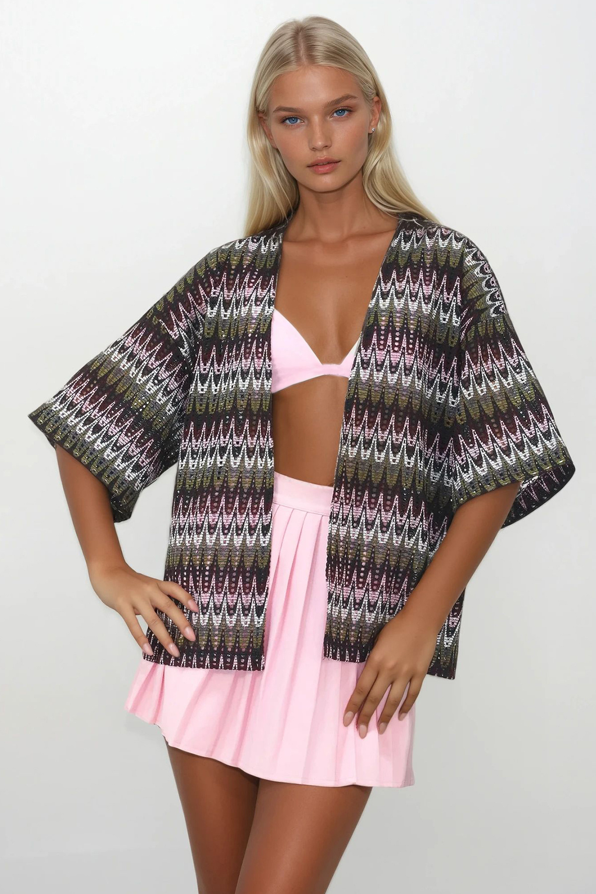 Kadın Haki Delik Ajurlu Desenli Güpür Kimono ALC-X14263