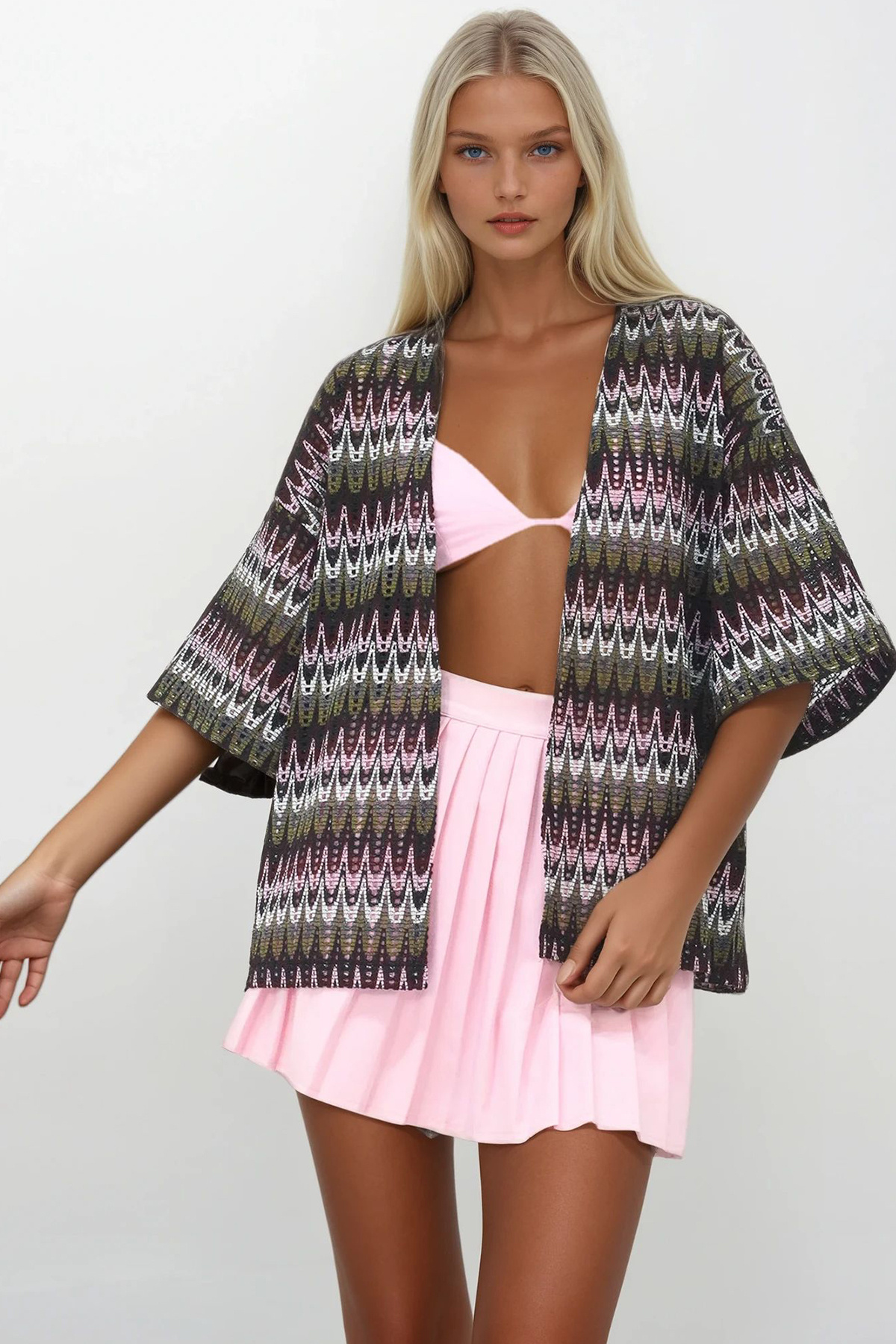 Kadın Haki Delik Ajurlu Desenli Güpür Kimono ALC-X14263