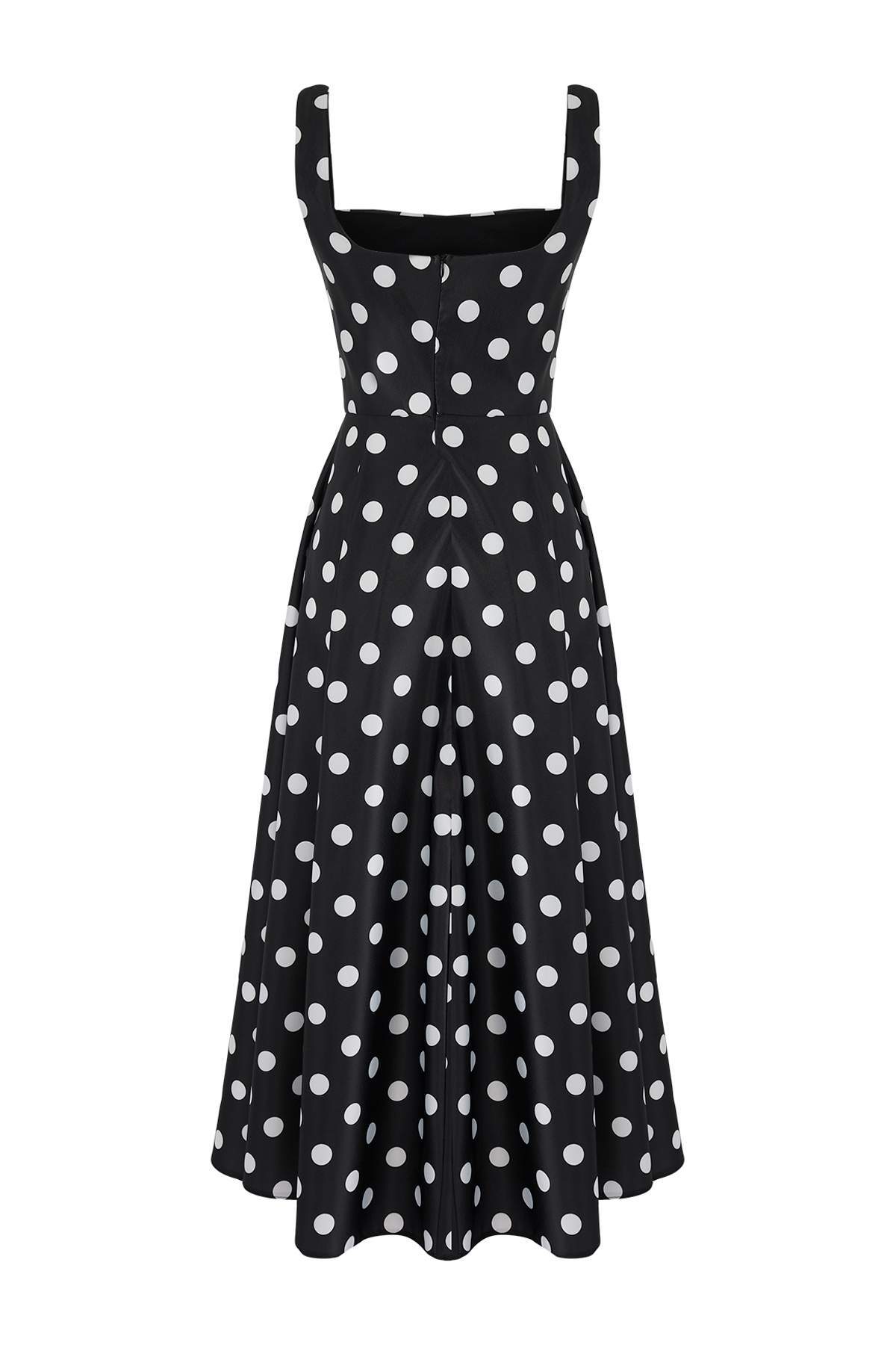 Trendyolmilla  Siyah-Beyaz Puantiyeli A-Kesim Saten Dokuma Şık Abiye Gece Mezuniyet Elbisesi TPRAW25EL00040 - Görsel 7