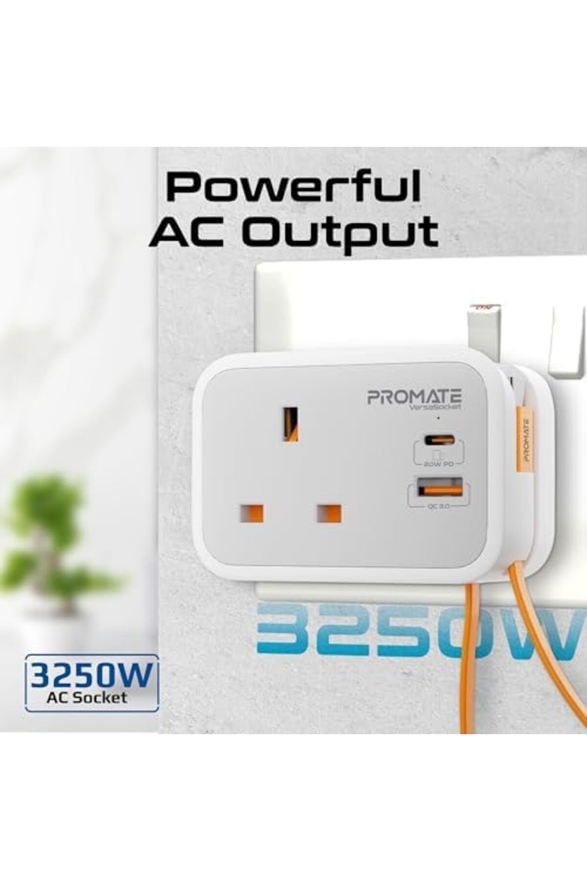 Promate-4 in 1 Multi-Functional AC Socket Charger 3250 W with Built-in 20W Power Delivery USB-C Cabl 4