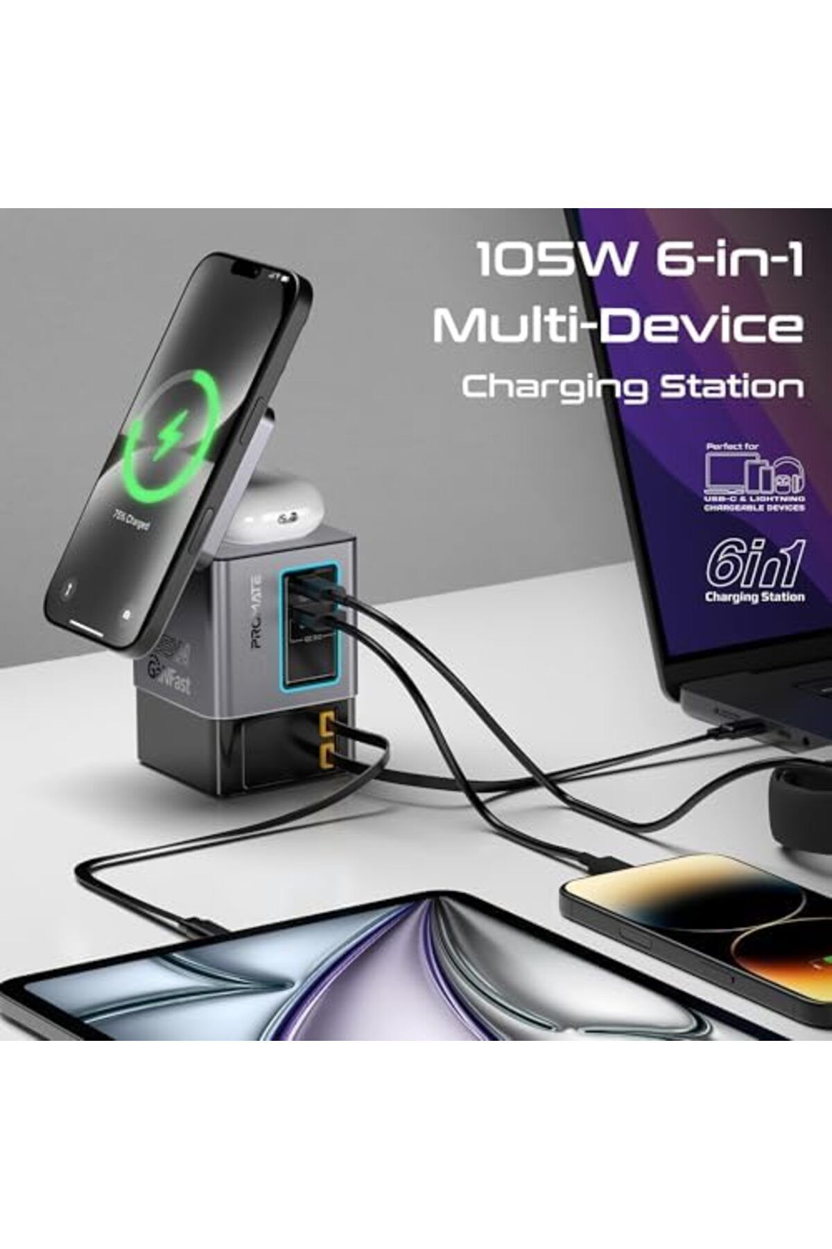 Promate-6-in-1 GaNFast Charging Station With 105W Total Output, 15W MagSafe Wireless Charger, 65W Re 4