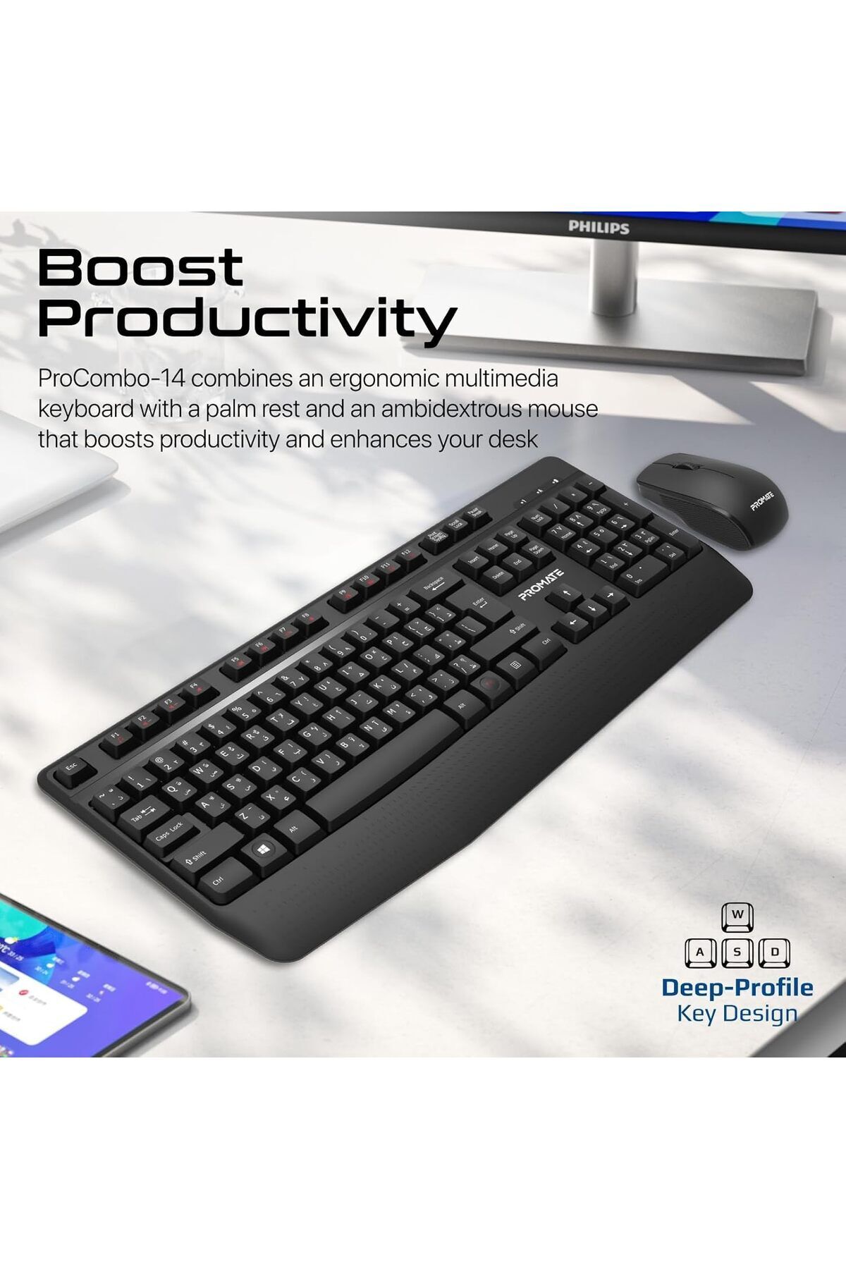 Promate-Wireless Keyboard and Mouse Combo, 2.4GHz Wireless with Built-In Palm Rest, Multi-Grip 1200 7