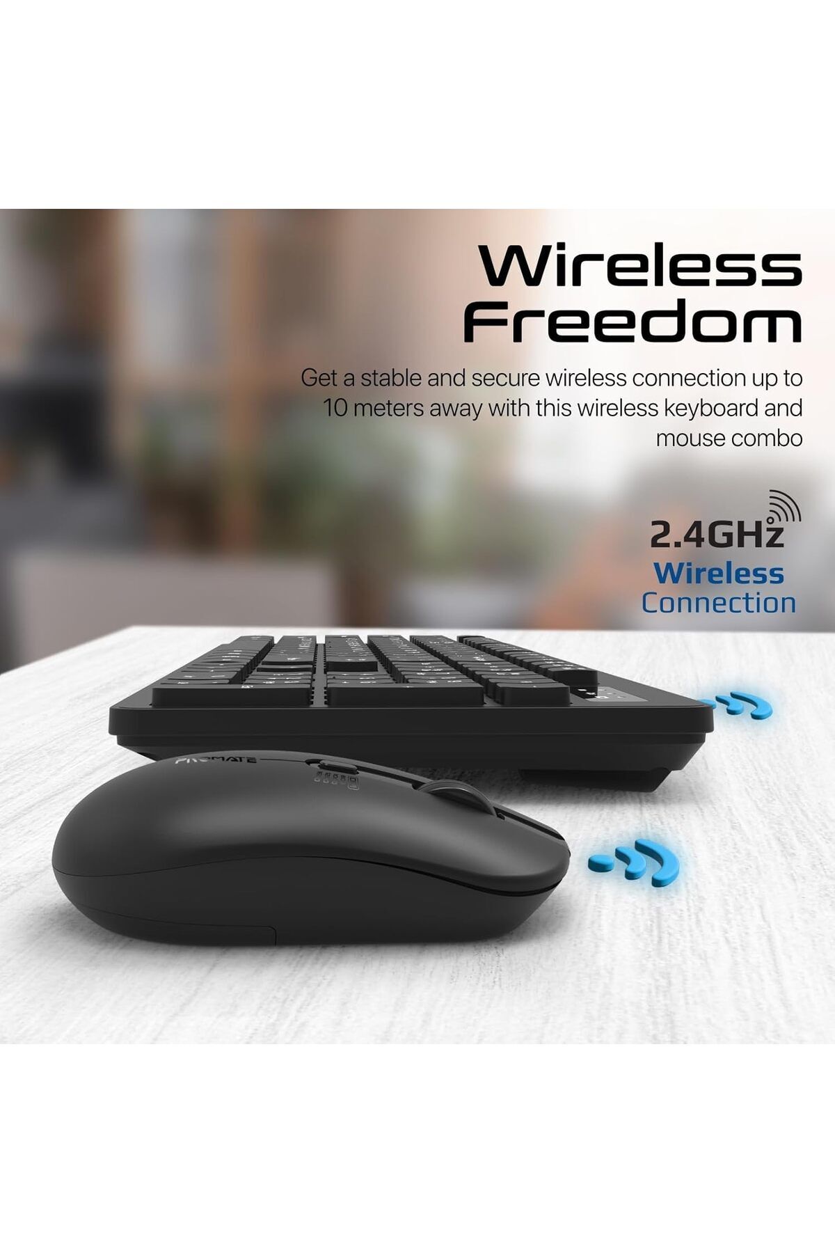 Promate-Wireless Keyboard and Mouse Combo, Slim Full-Size 2.4Ghz Wireless Keyboard with 1600 DPI Amb 7