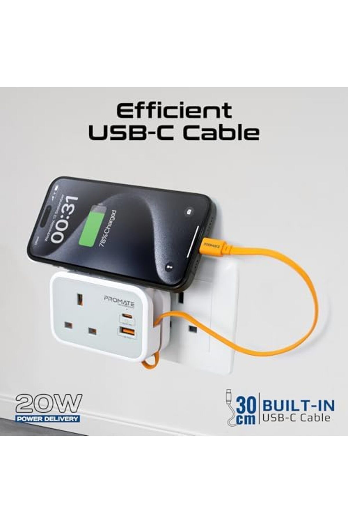 Promate-4 in 1 Multi-Functional AC Socket Charger 3250 W with Built-in 20W Power Delivery USB-C Cabl 6