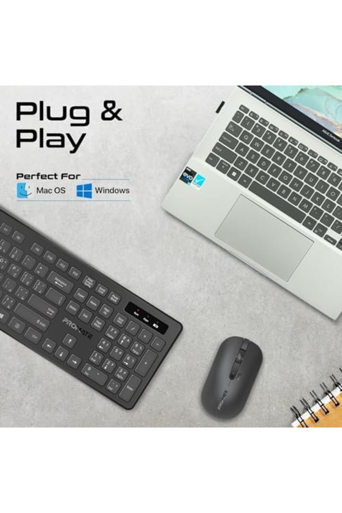 Promate-Wireless Keyboard and Mouse Combo, Slim Full-Size 2.4Ghz Wireless Keyboard with 1600 DPI Amb 6