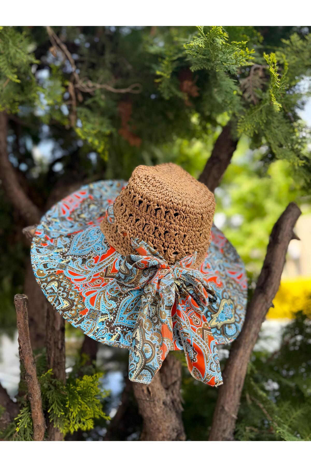 Axesoire-14718 Patterned Camel Wide Brim Straw Hat 3