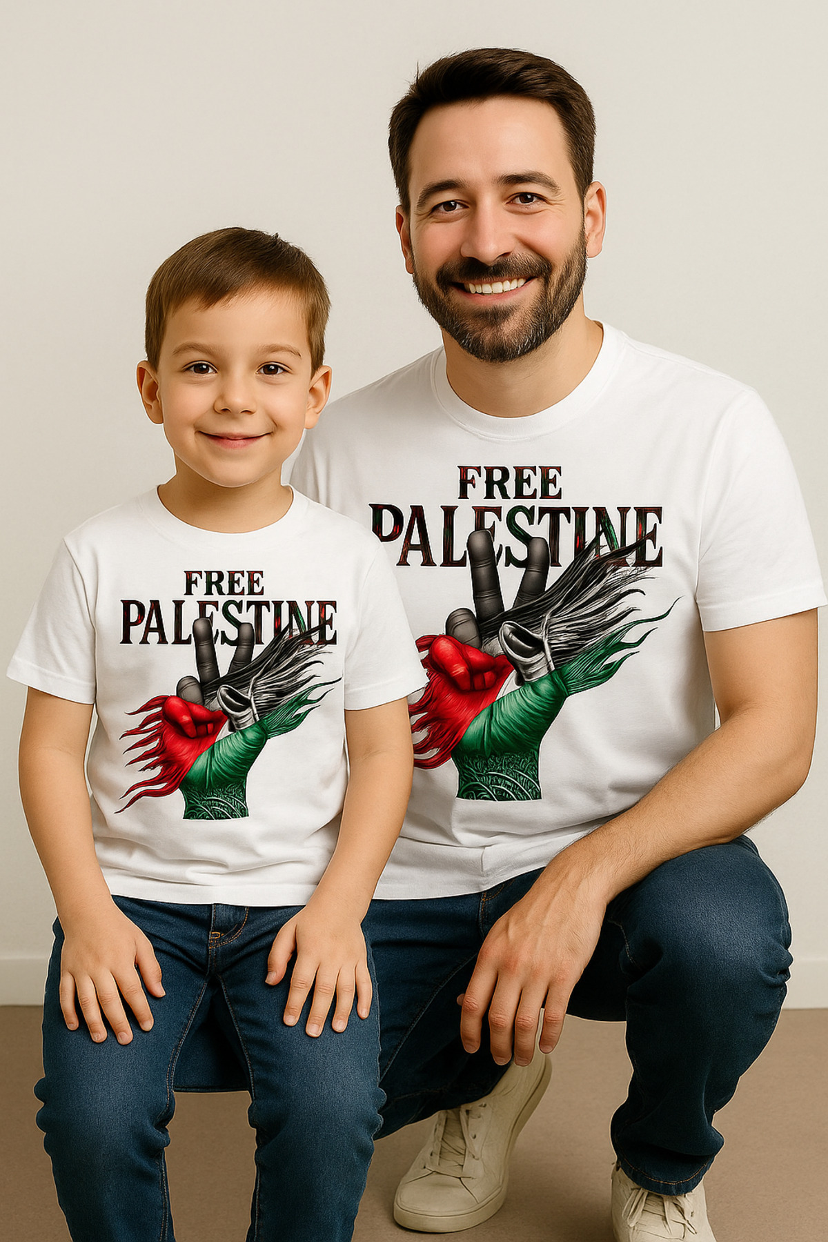 Father Son White "Free Palestine" Combination T-Shirt | Freedom Themed Family Combination