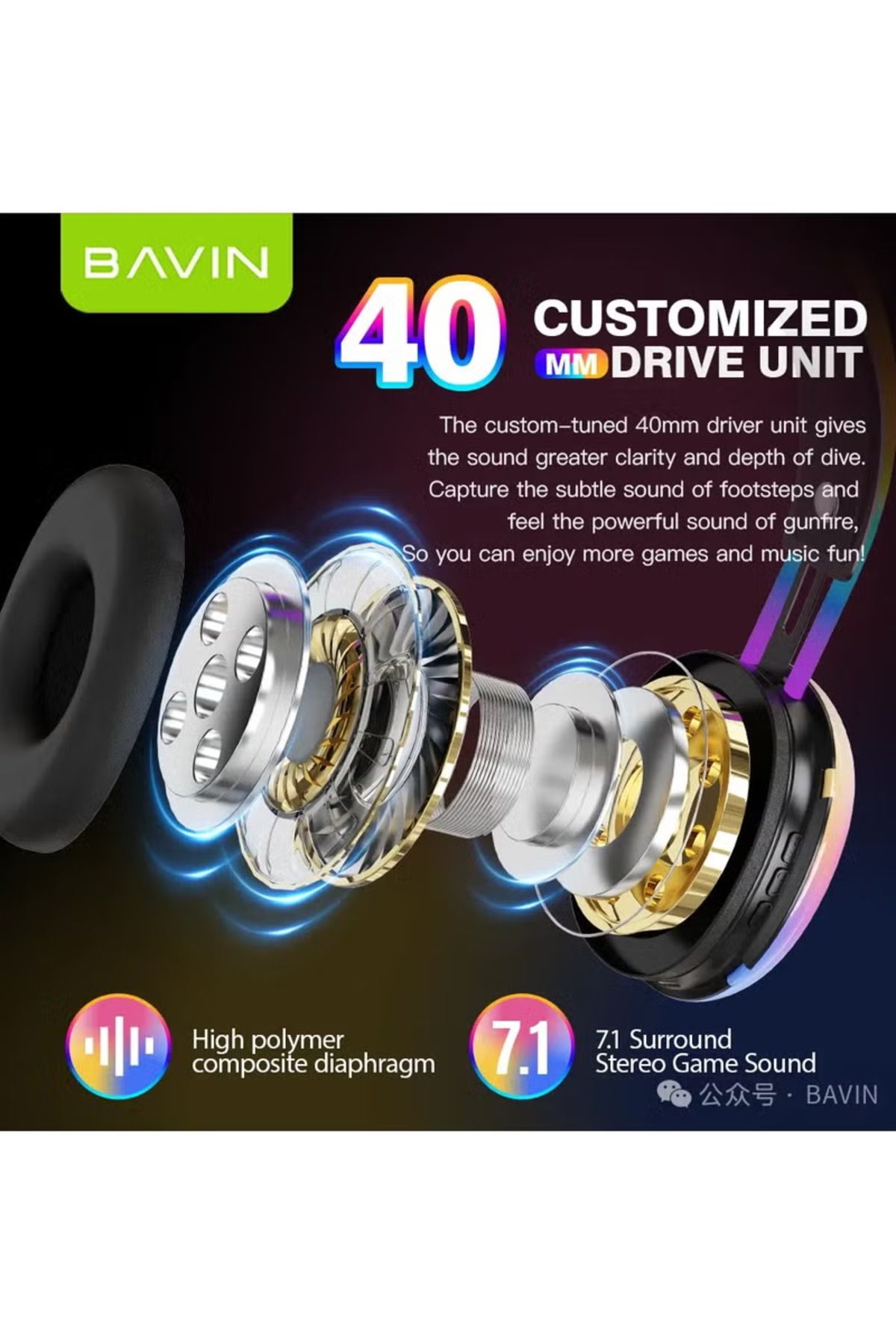Bavin-Wireless Disco Pulse Headphones With Cool Lights and Built-in Microphone - Gray 4