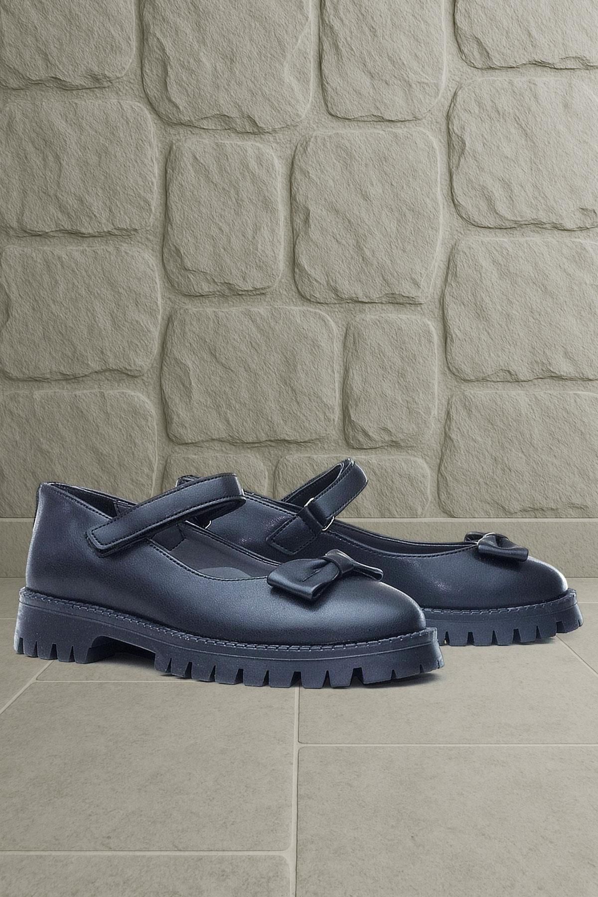 Rakerplus-Black Matte Thick Sole Velcro Girls' Ballerinas 1