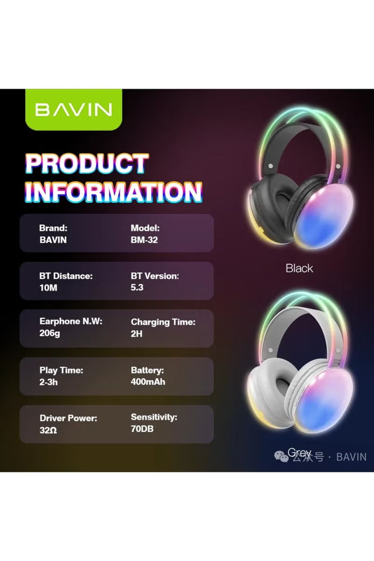 Bavin-Wireless Disco Pulse Headphones With Cool Lights and Built-in Microphone - Gray 5