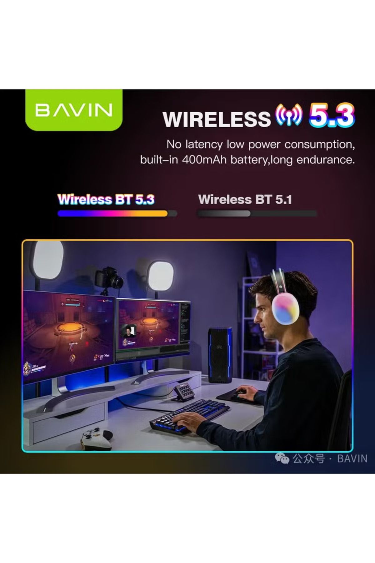 Bavin-Wireless Disco Pulse Headphones With Cool Lights and Built-in Microphone - Gray 3