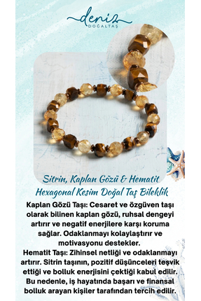 Deniz Doğal Taş Sertifikalı Sitrin, Kaplan Gözü ve Hematit Hexagonal Kesim Do...