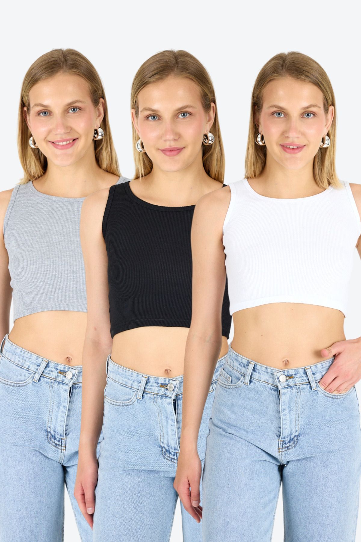 Arma Yıldız-Women's Cotton Camisole Halter Neckline Thick Strap Crop White Black Gray 3 Pack 1