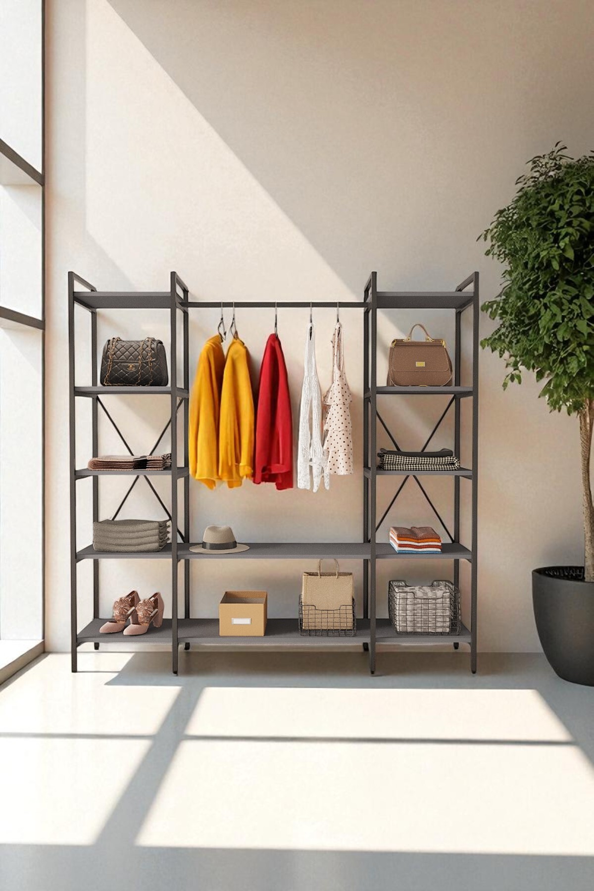 Nilamu Anthracite Closet | Metal Body Open Hanger & Organizer Cabinet 175*170*34 Cm