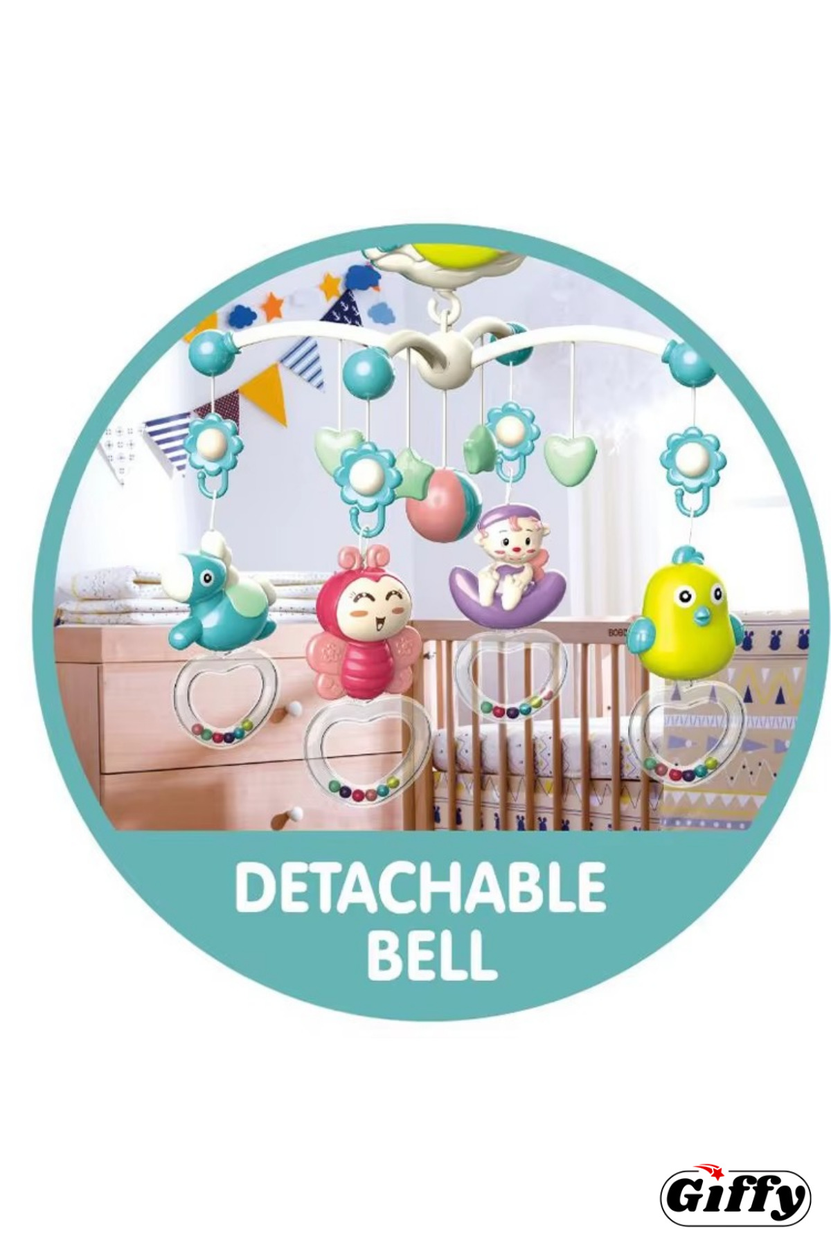 giffy Pilli Işıklı Müzikli Projektörlü Uzaktan Kumandalı Sabitlenir Dönence Çıngıraklı Bebek Yatıştırıcı fotoğrafı 6 (önizleme)