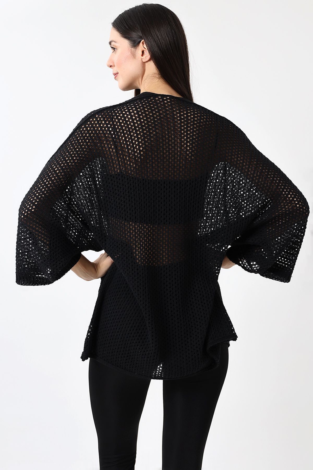Devinka-Black Oversize Knitwear Cardigan - Spring and Openwork Design 6