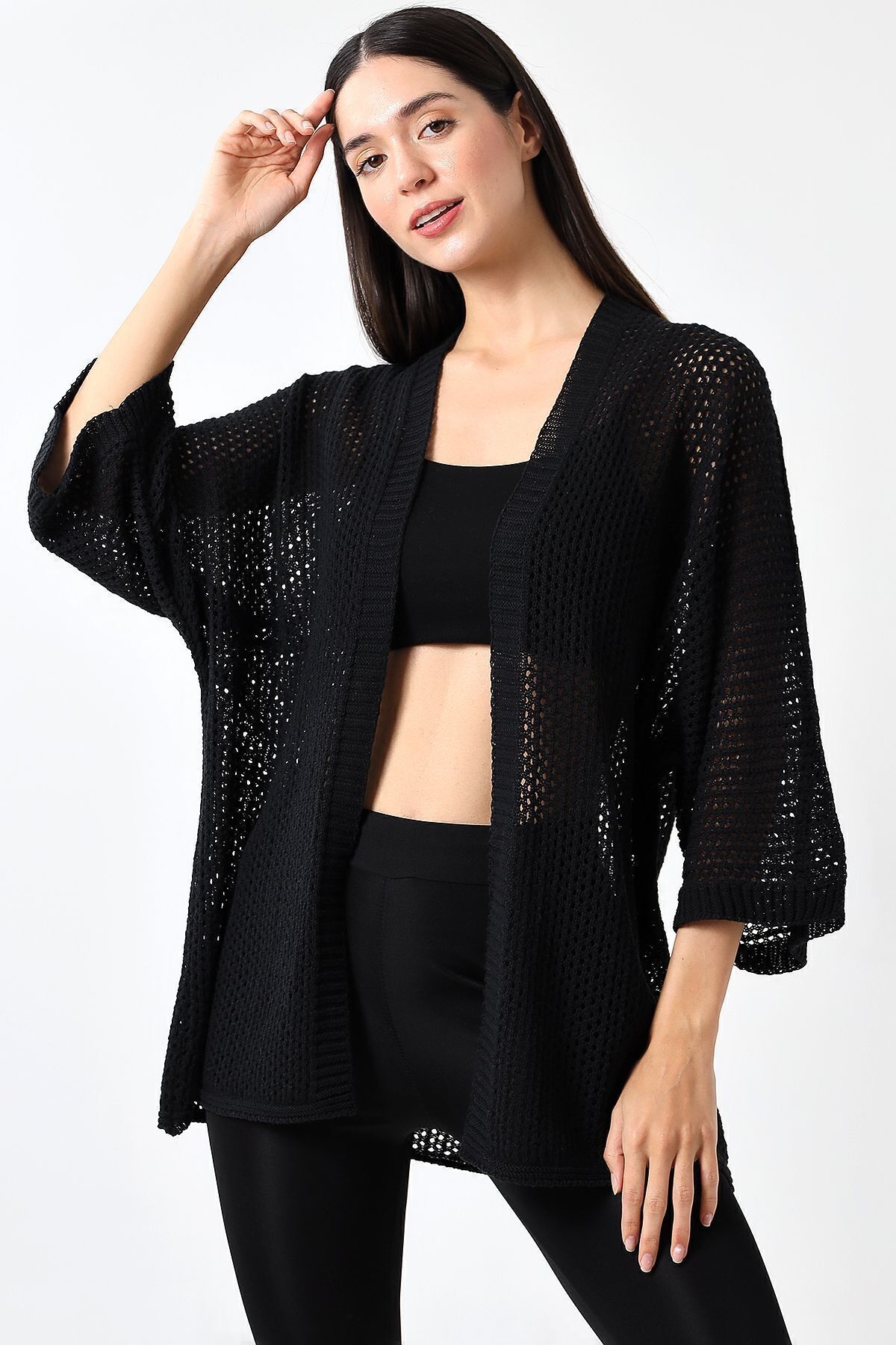 Devinka-Black Oversize Knitwear Cardigan - Spring and Openwork Design 3