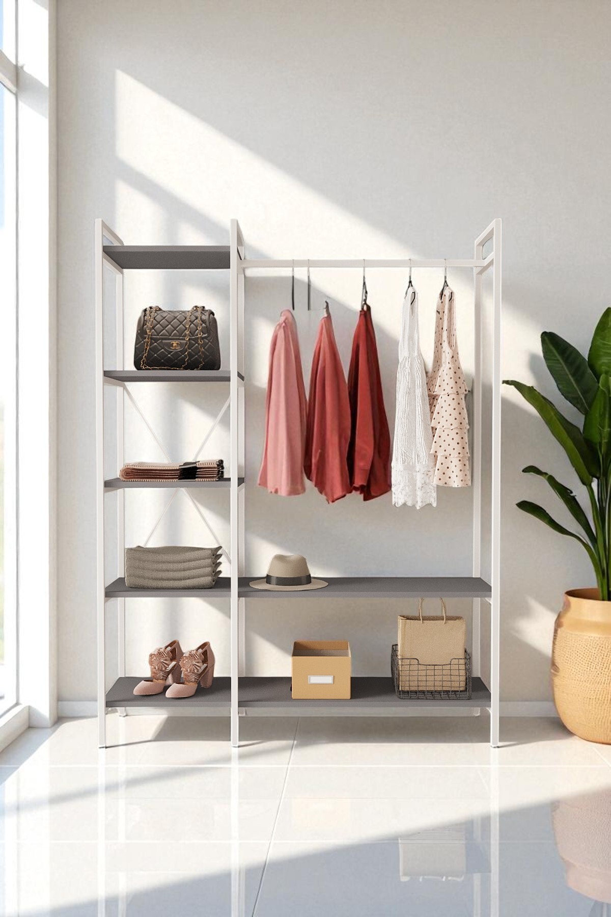 Nilamu Anthracite Wardrobe | Open Hanger with Metal Body & Organizer Wardrobe 130×170×34 Cm