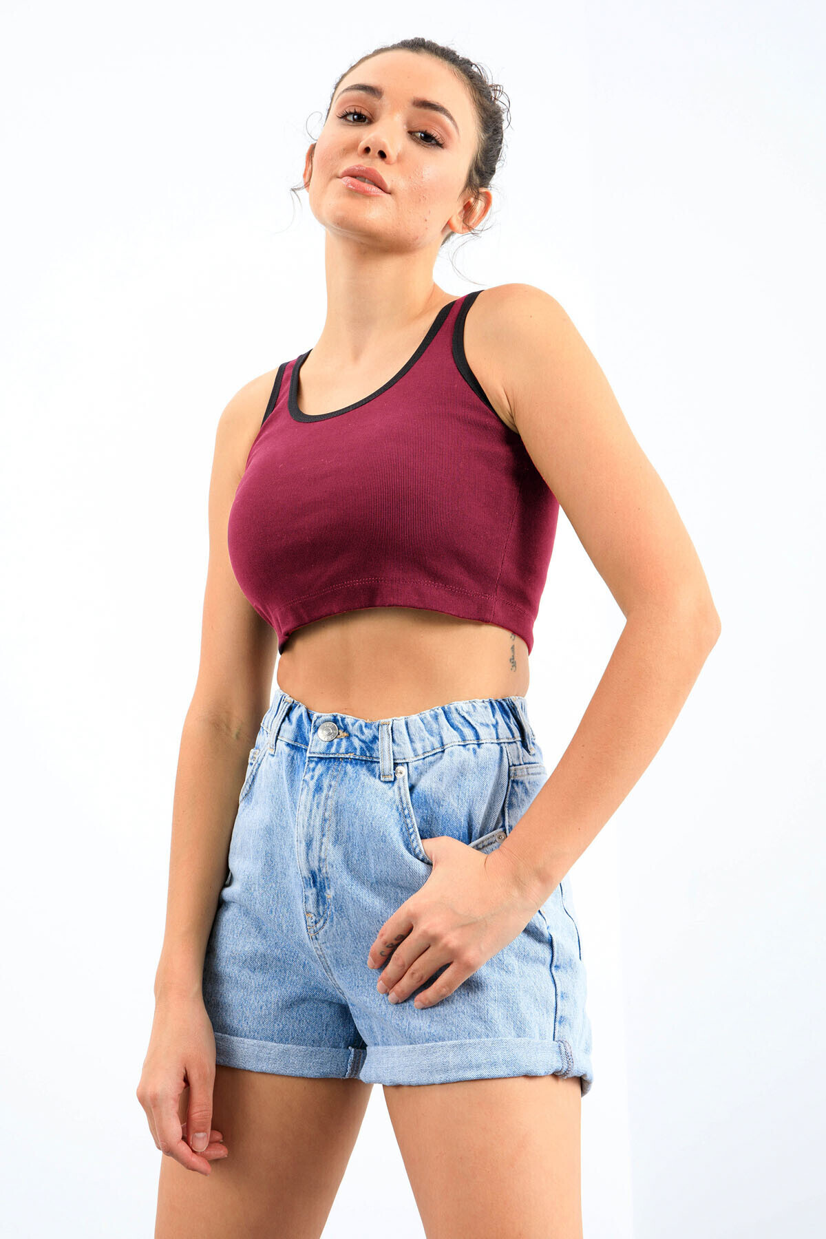 TOMMY LIFE-Claret Red Basic Zero Sleeve Skinny Fit U-Neck Damen Crop Top Tank Top – 97162 4