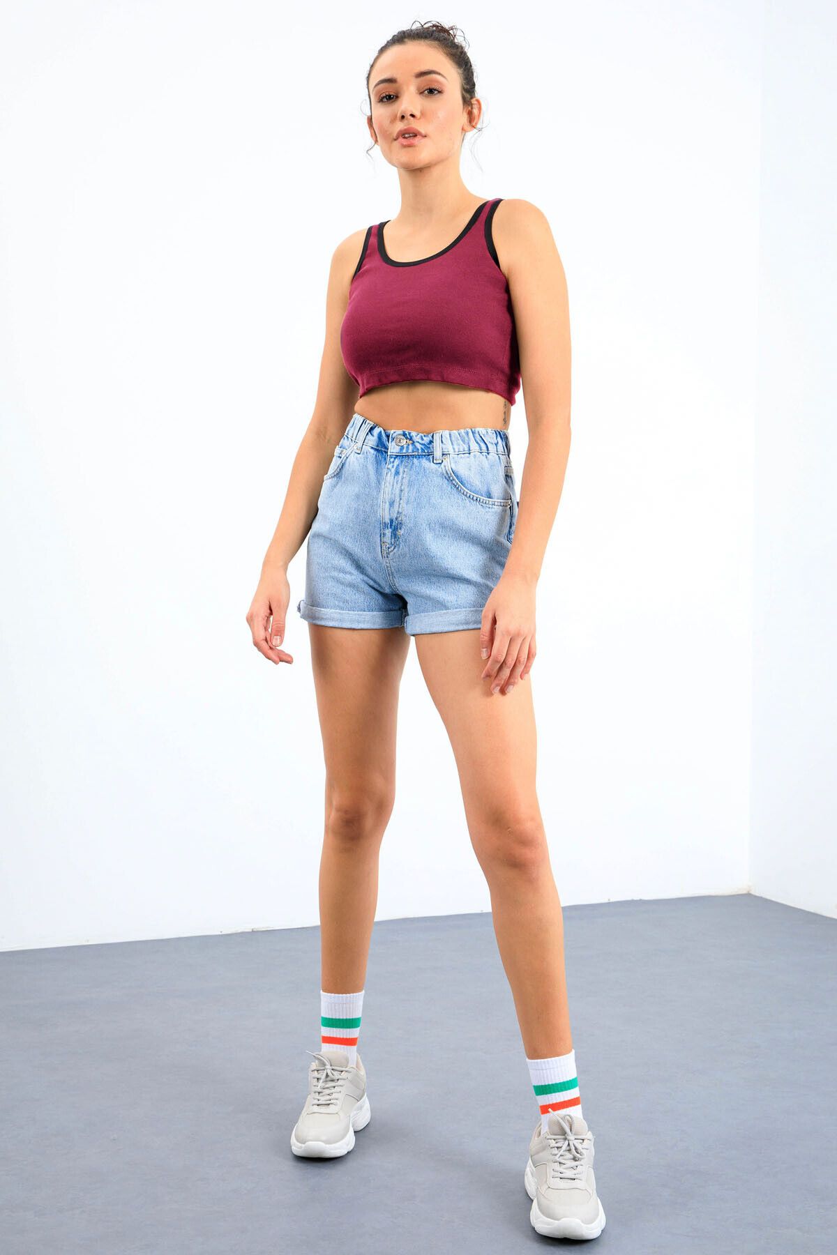 TOMMY LIFE-Claret Red Basic Zero Sleeve Skinny Fit U-Neck Damen Crop Top Tank Top – 97162 3