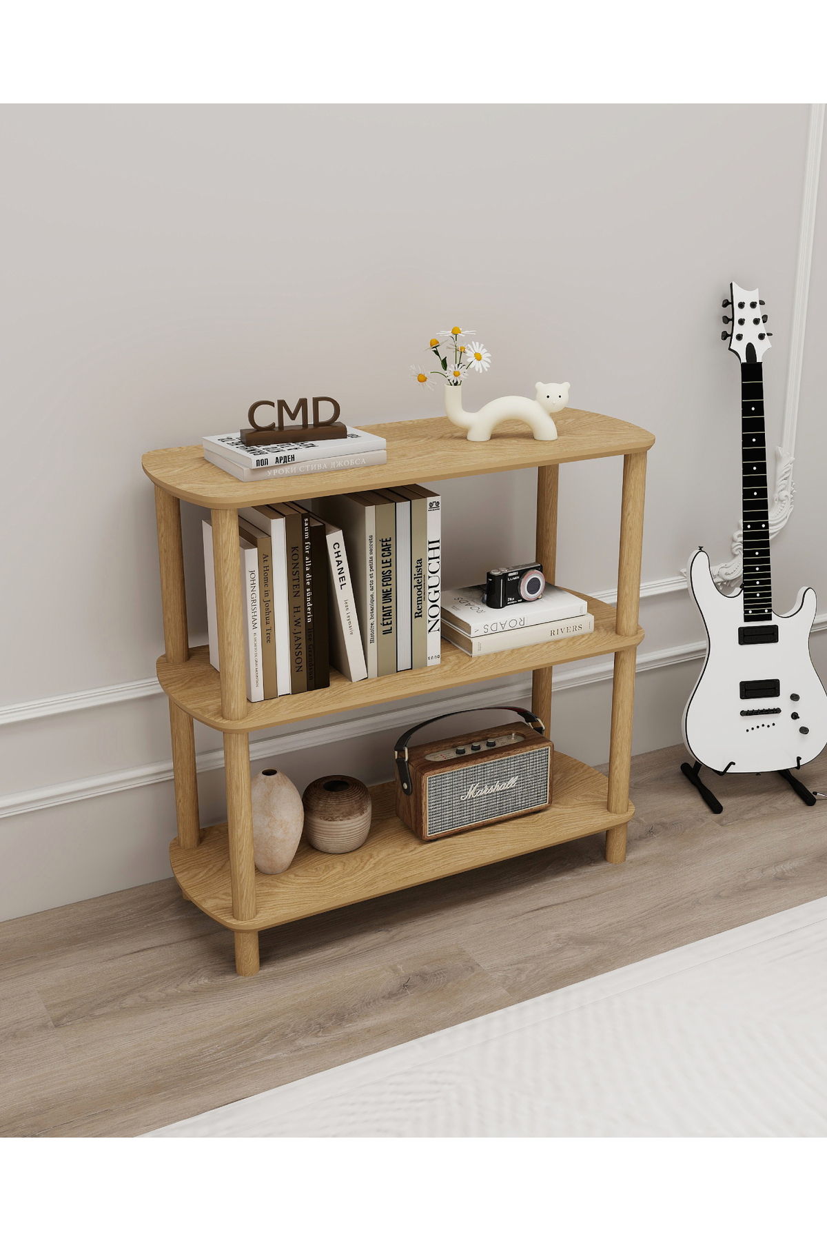 Rosa 3 Shelf Bookcase – Minimalist Design, Mdf Slide Body, Wooden Leg, 80 Cm Shelf Cabinet