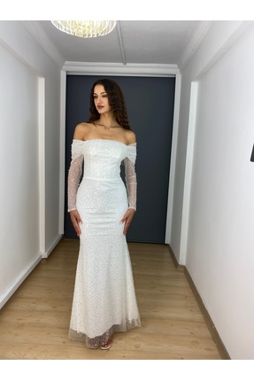 gökkuşagı moda Beyaz Madonna Yaka Sırtı Bağlamalı Balık Uzun Abiye Elbise