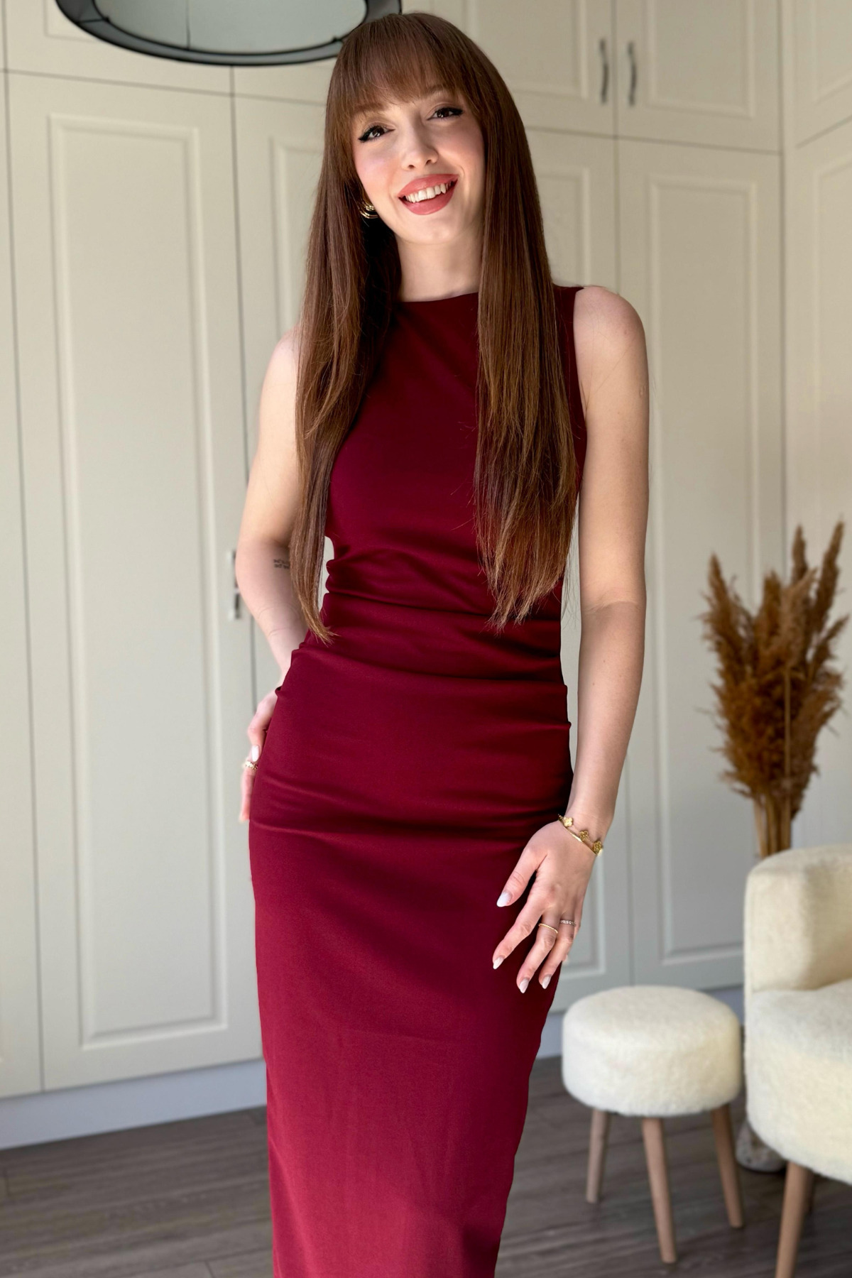 Dilay Gökoğlu Butik-Φόρεμα Draped Midi Claret Red 6